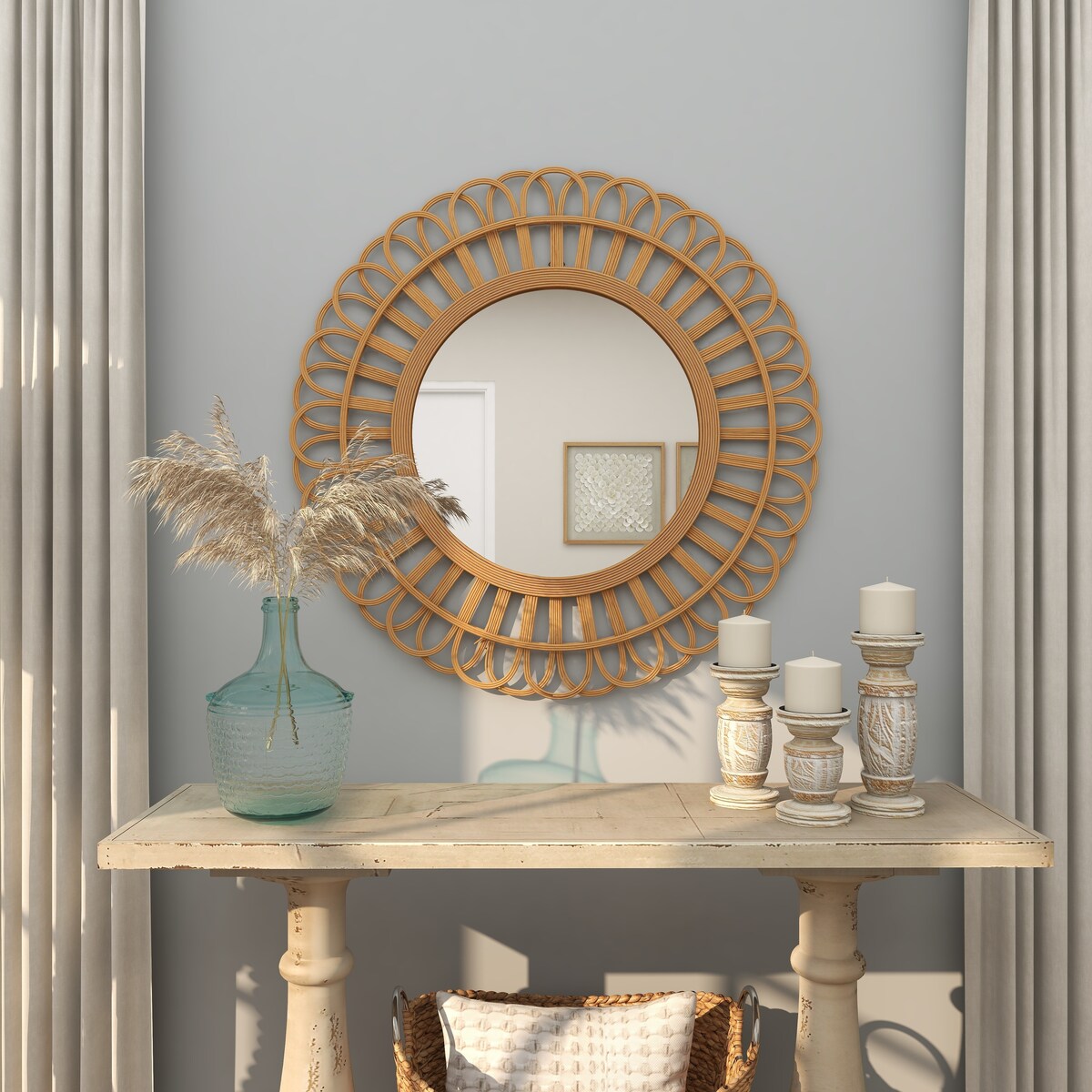 Rattan Starburst Handmade Room Wall Mirror - Brown - Roche River Decor