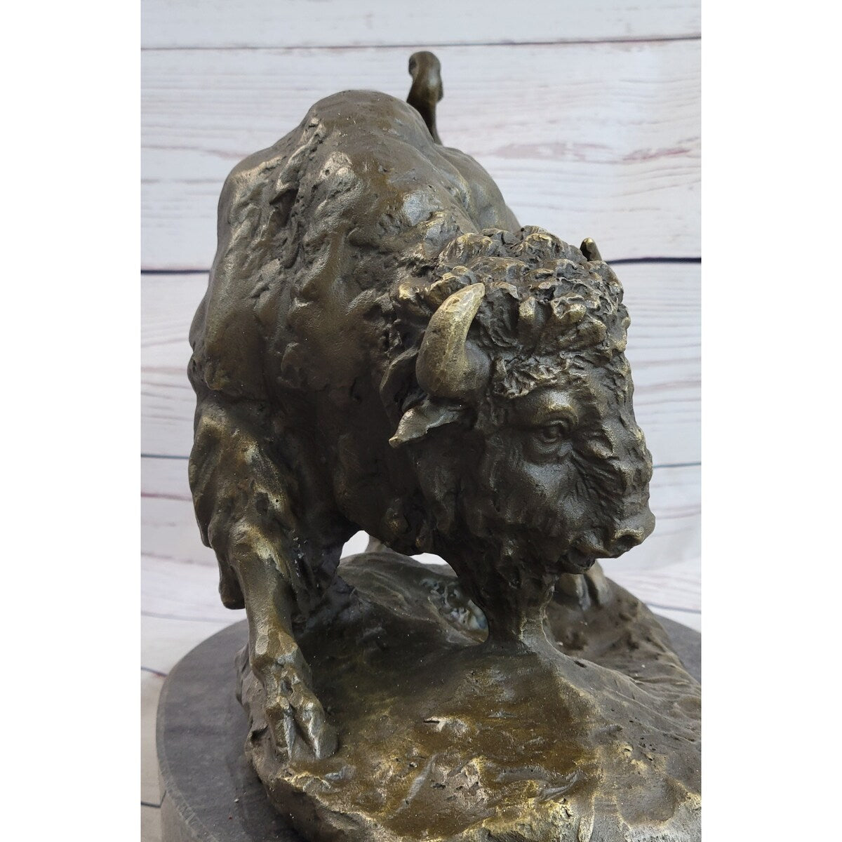 American Buffalo Bison Bull Bronze Sculpture By Barye On Marble Base Figure Art