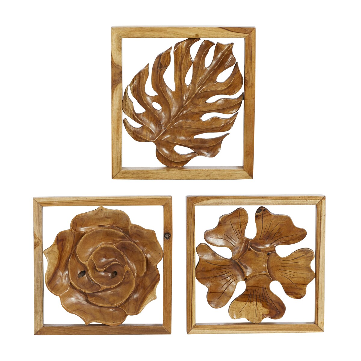 Teak Wood Floral Handmade Framed Carved Leaf and Home Wall Decor - Set of 3 Brown - Roche River Decor