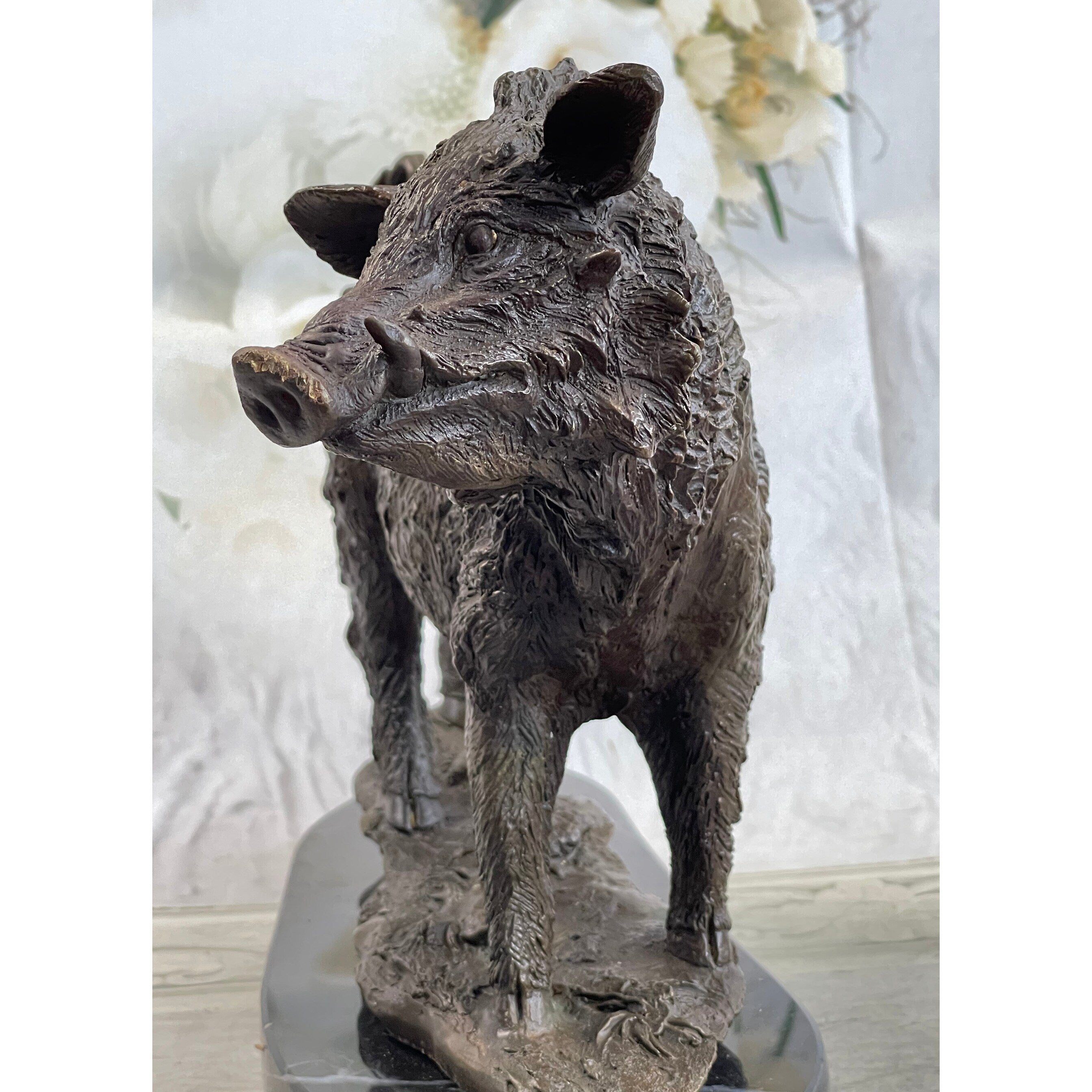 Bronze Sculpture Large Signed Barye Wild Boar Pig Art Deco Marble Figurine Decor