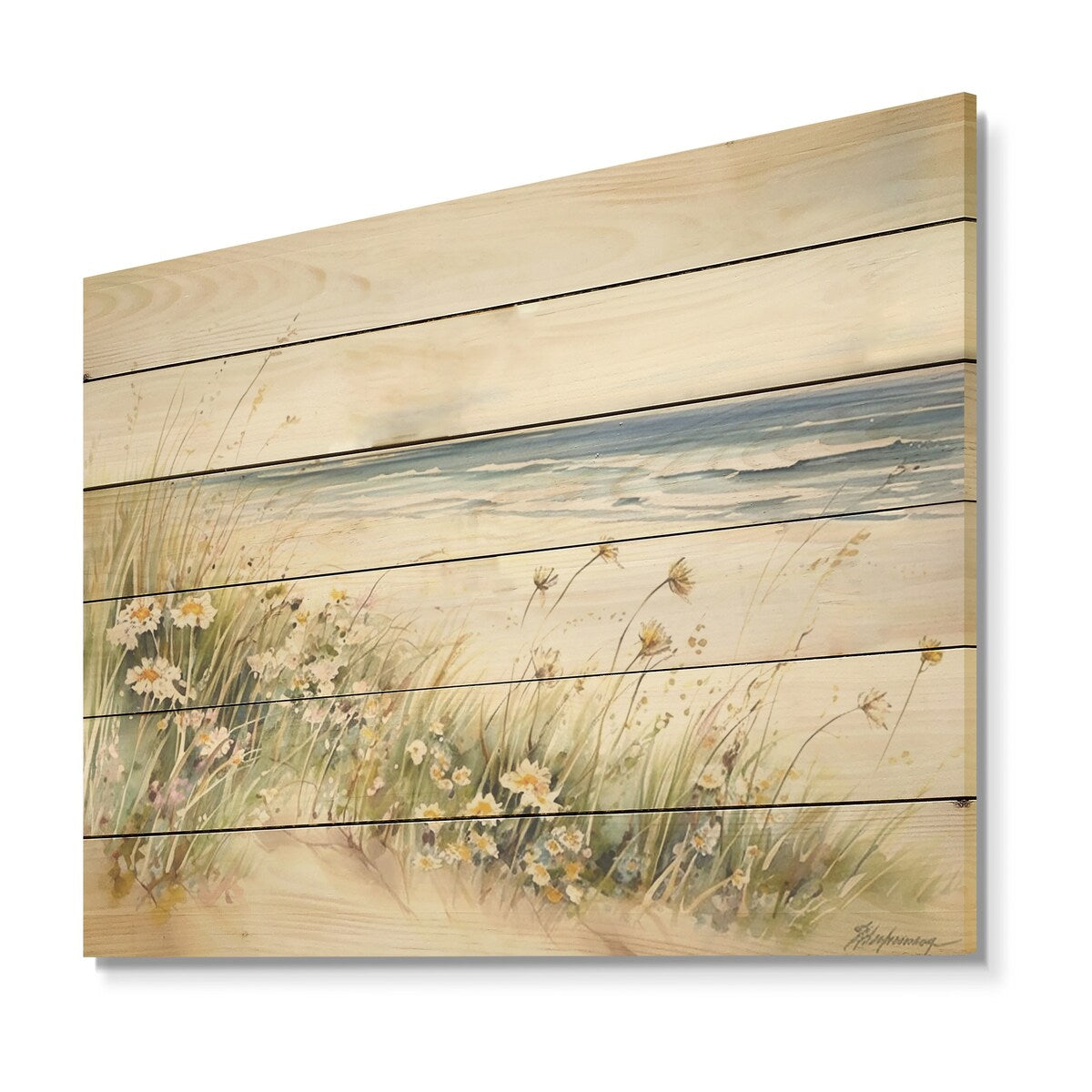 Designart Wildflowers on the beach Wildflowers Wood Wall Decor - Traditional Green Wood Panel On Natural Pine Wood