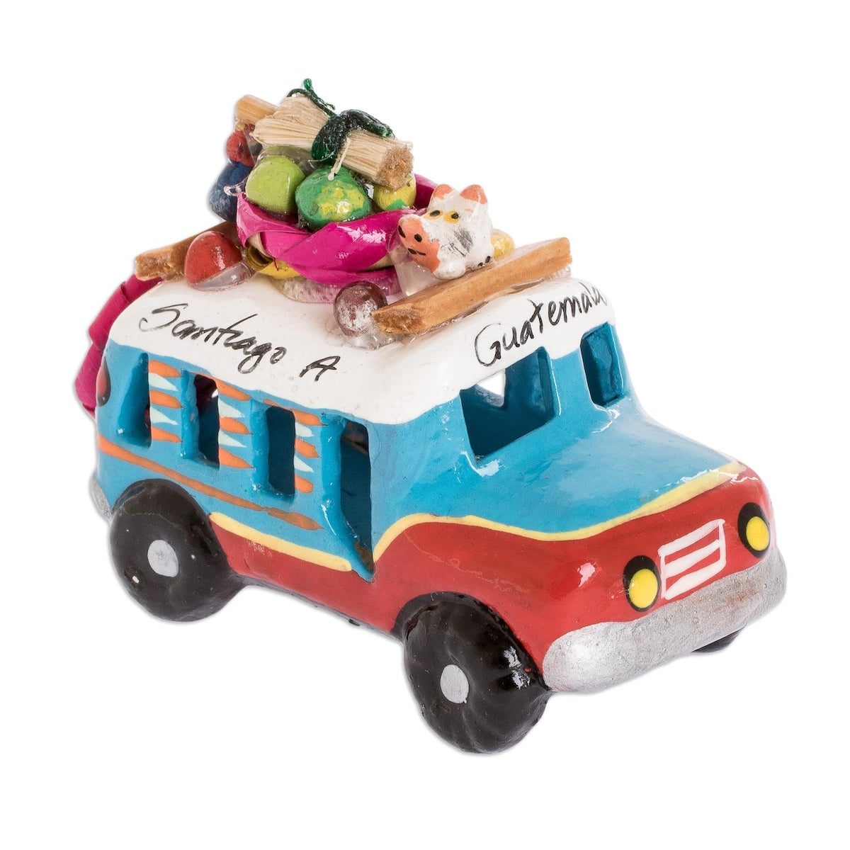 Novica Handmade Blue And Red Old Time Bus Mini Ceramic Sculpture