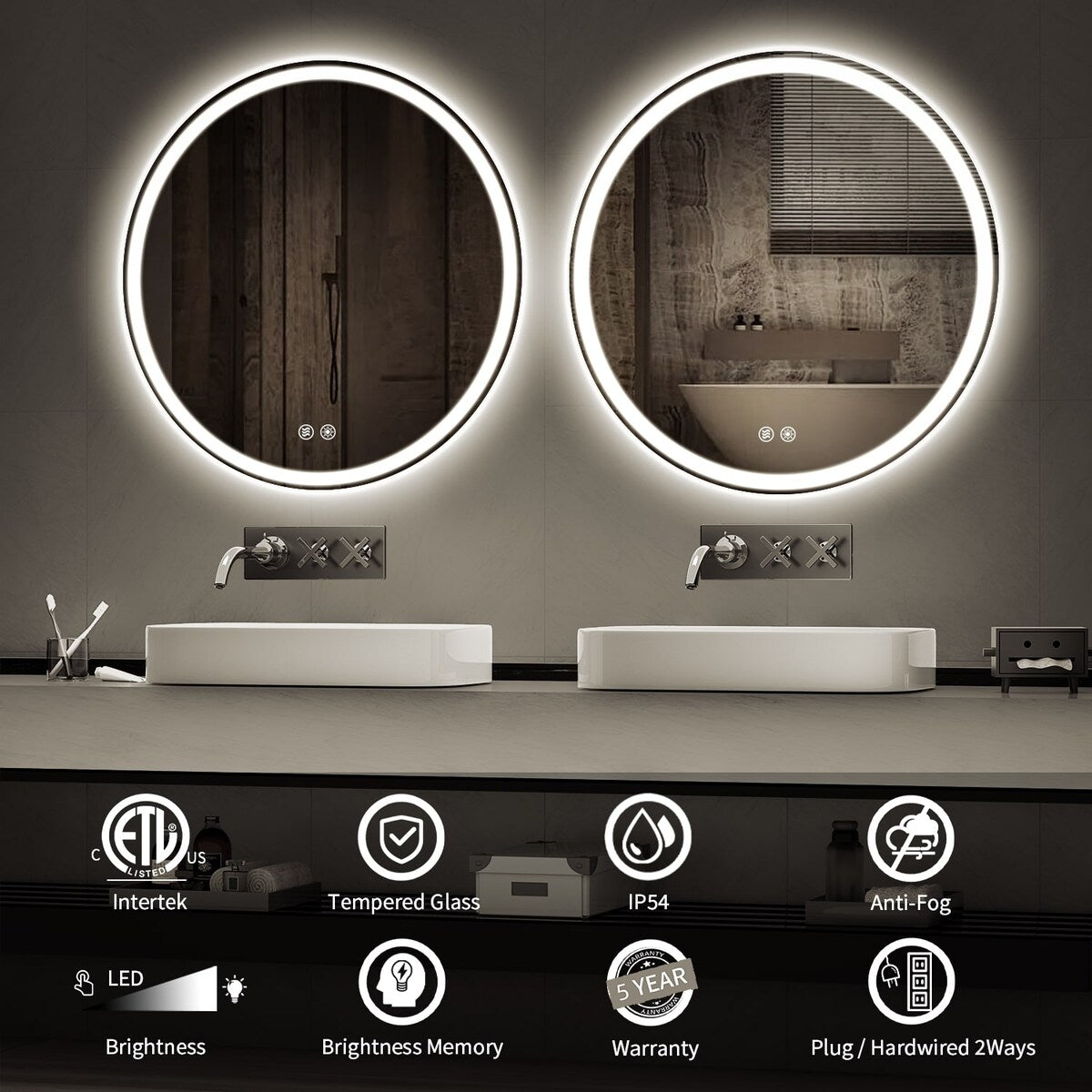 LED Lighted Dimmable Anti Fog Frameless Rounded Vanity Mirror