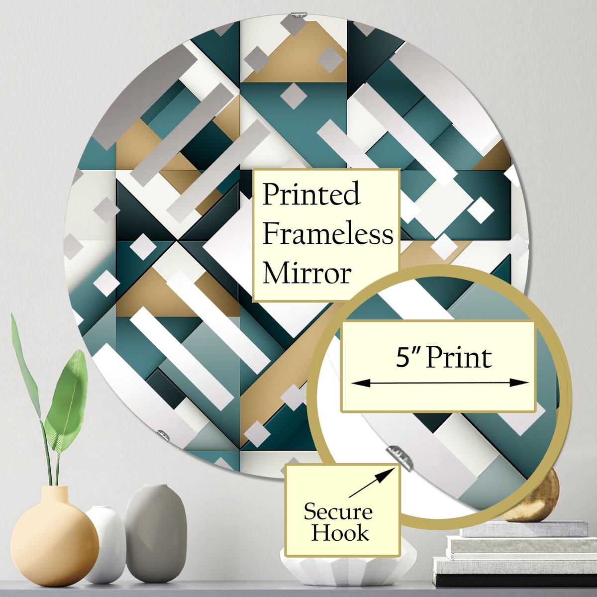 Designart Teal And Golden Modern Geometric Tiles - Modern Geometric Diamond Decorative Mirror