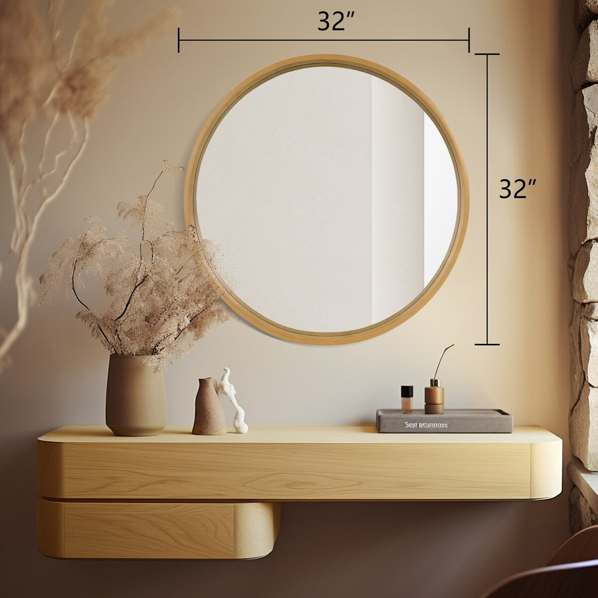 Classic Wooden Frame Farmhouse Round Wall Mirror