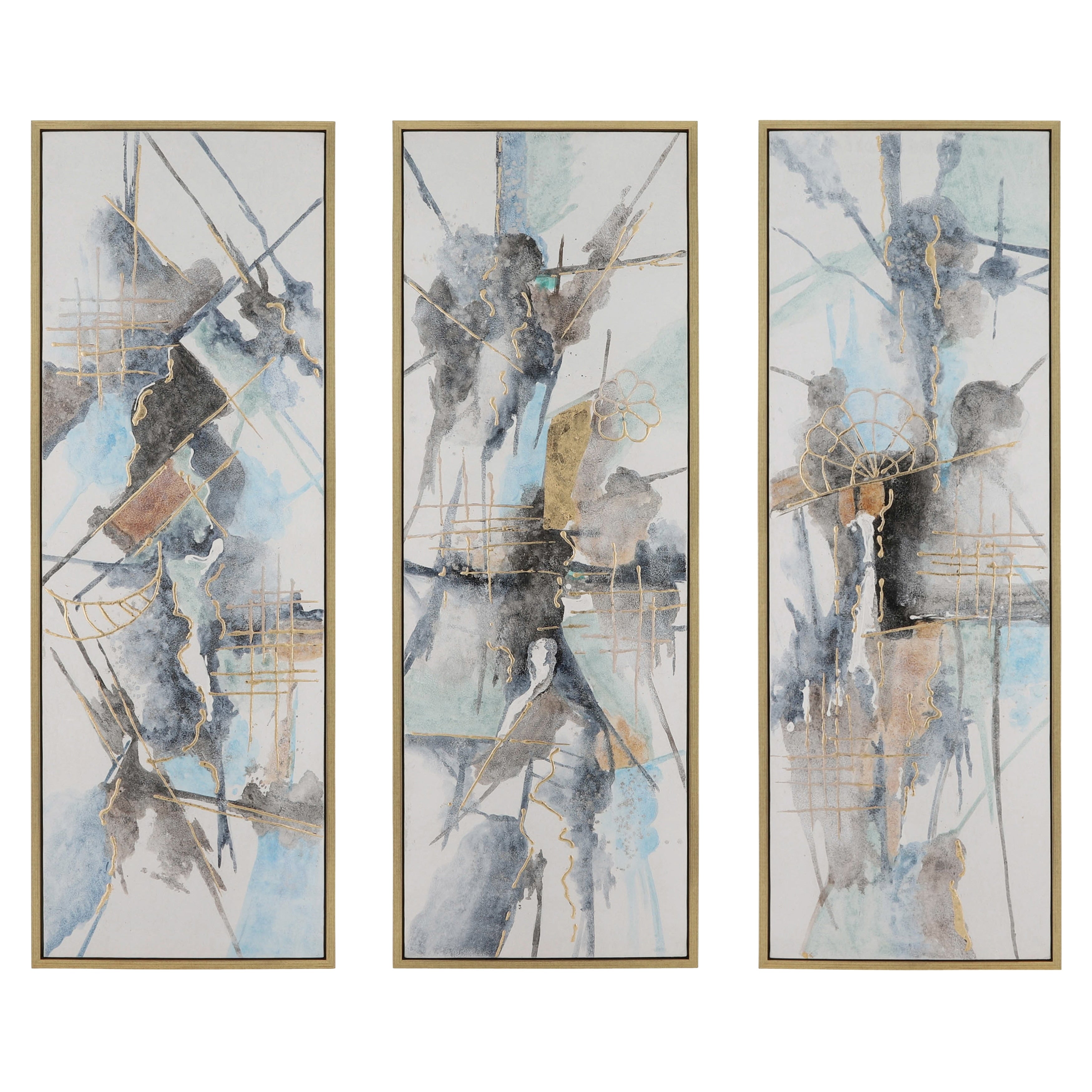 Sagebrook Home Modern Large Set of Three, Abstract Design, Canvas and Pine Wood, Multi-Colored, Contemporary Wall Art