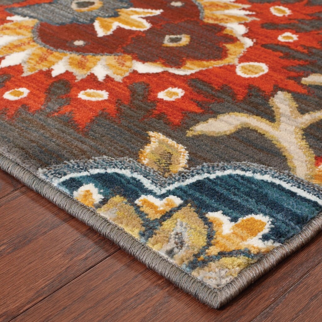 4' X 6' Brown Grey Rust Red Gold Teal And Blue Green Floral Power Loom Stain Resistant Area Rug - 3'6