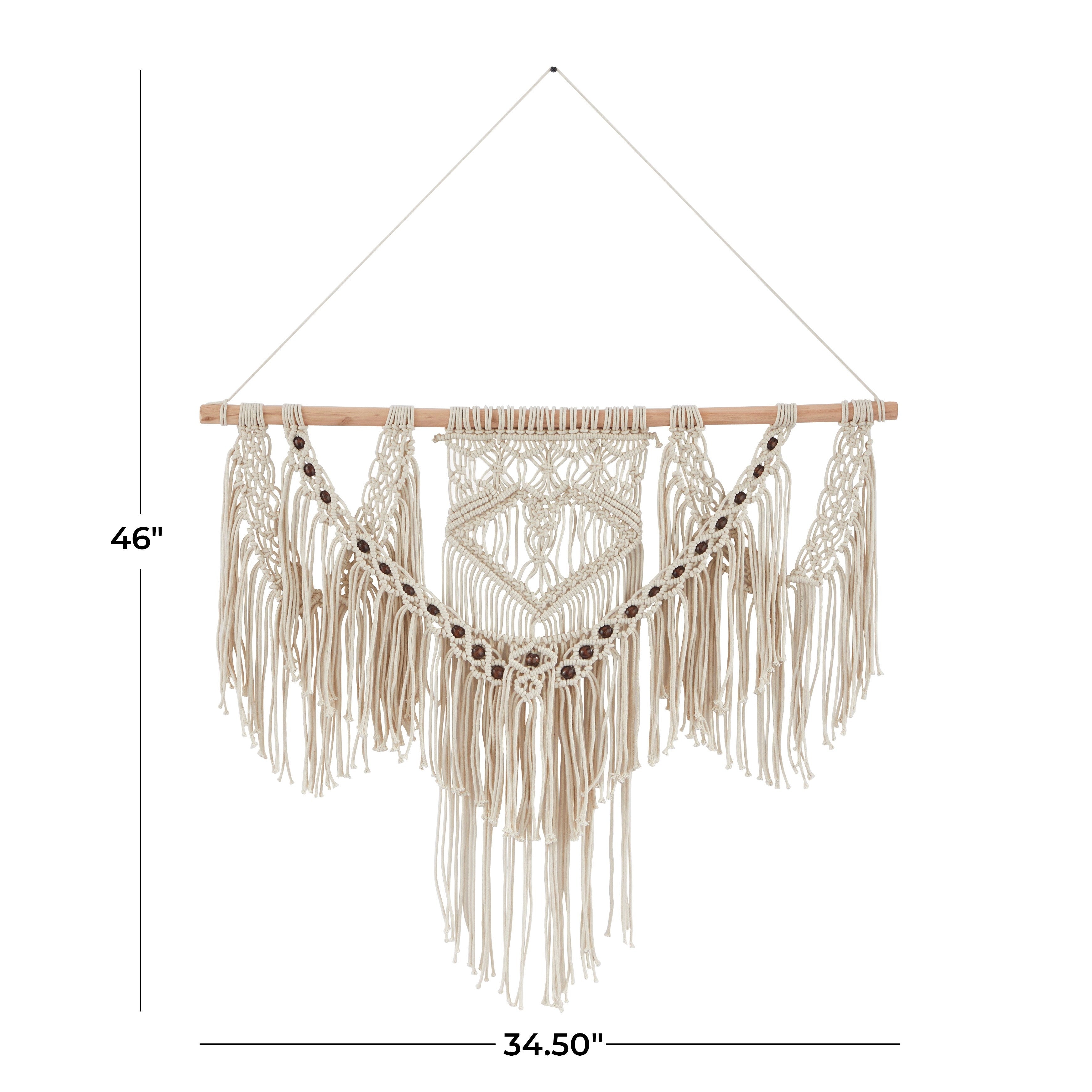 Cotton Handmade Intricately Weaved Macrame Wall Decor with Beaded Fringe Tassels - Gray or Cream