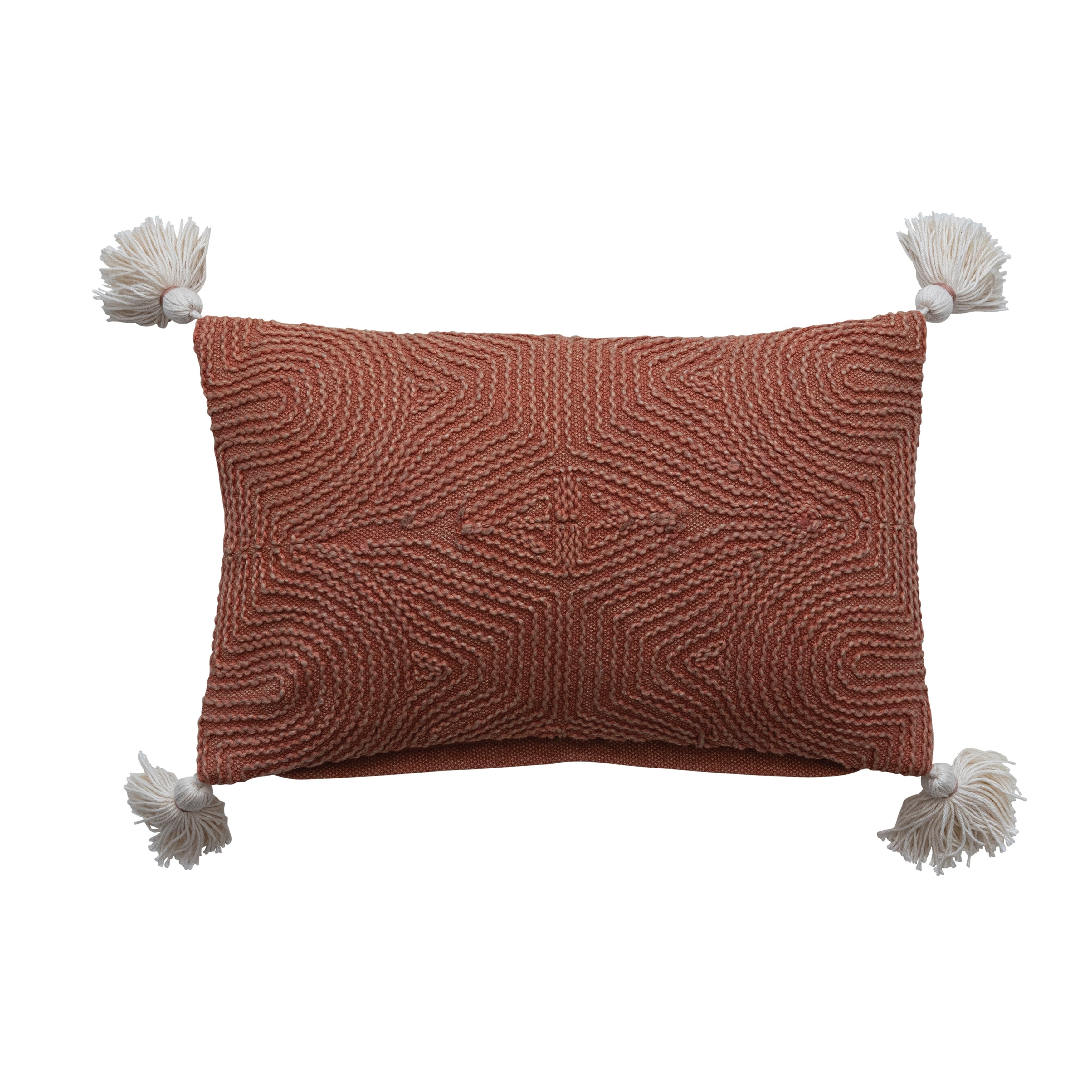 Cotton Lumbar Pillow with Embroidery and Tassels