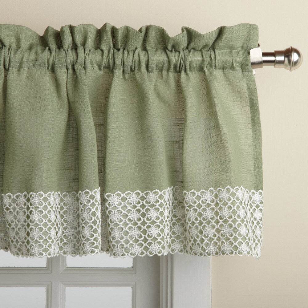 Sage Country Style Curtain Parts with White Daisy Lace Accent (Separates-Tiers, Swags and Valances)