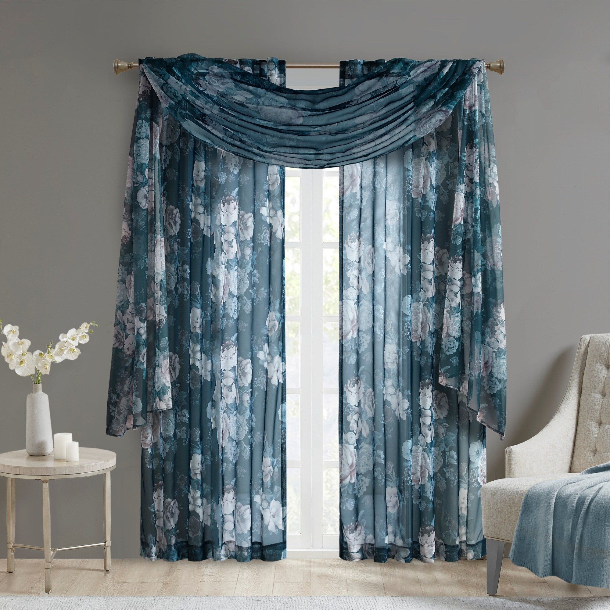 Madison Park Abelia Printed Floral Rod Pocket and Back Tab Voile Sheer Curtain