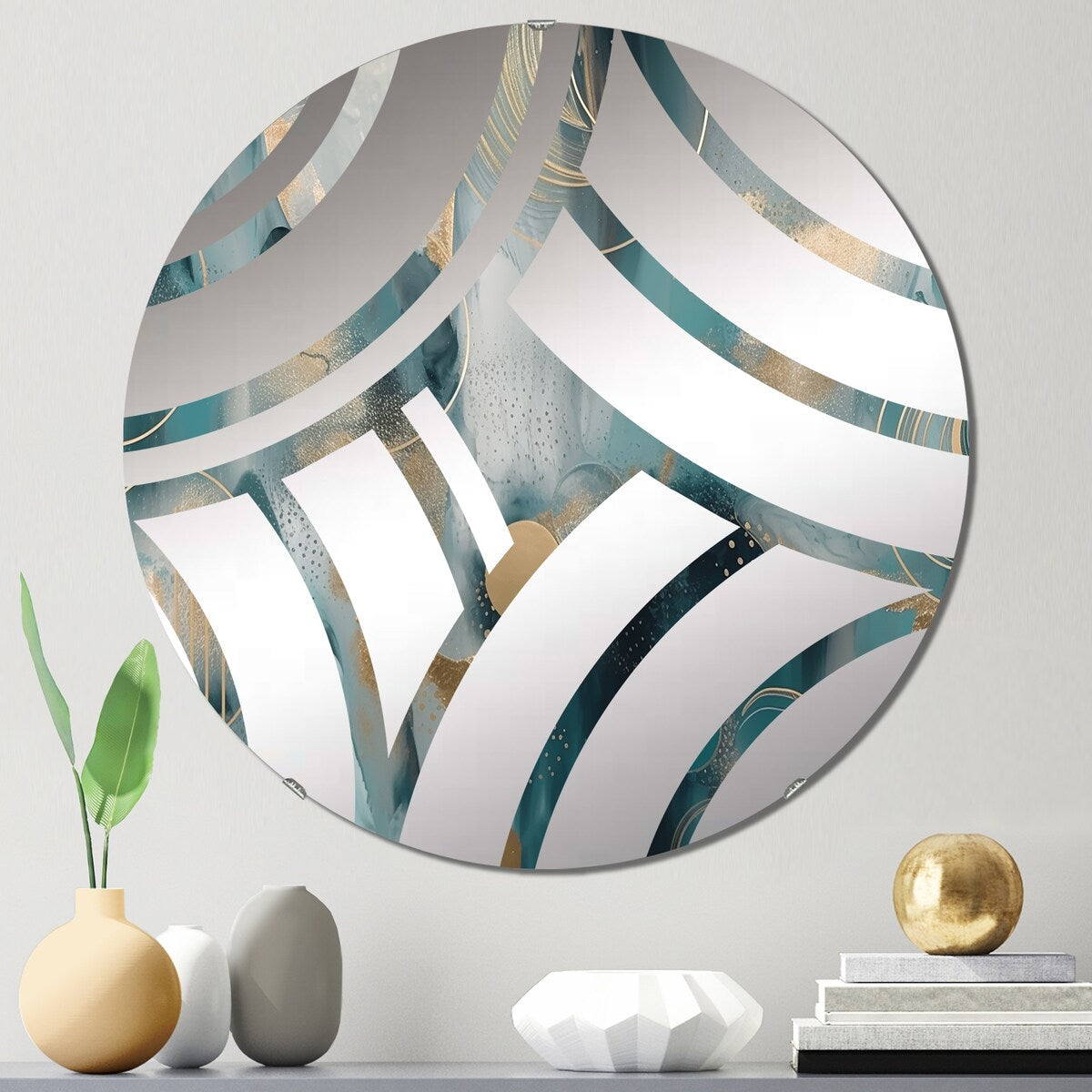 Designart Green Gold Marbled Meditations V - Modern Abstract Marble Centre Wave Decorative Mirror