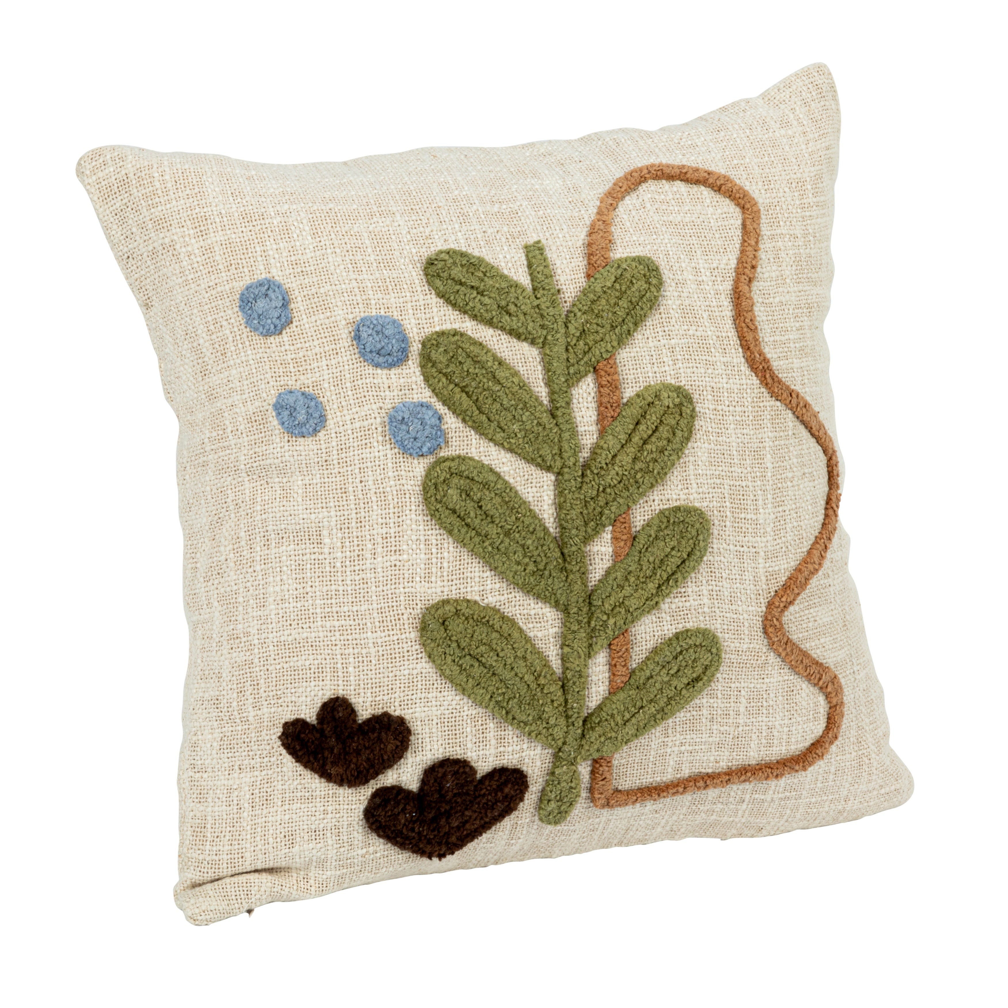 Cotton Slub Pillow with Tufted Plant Design