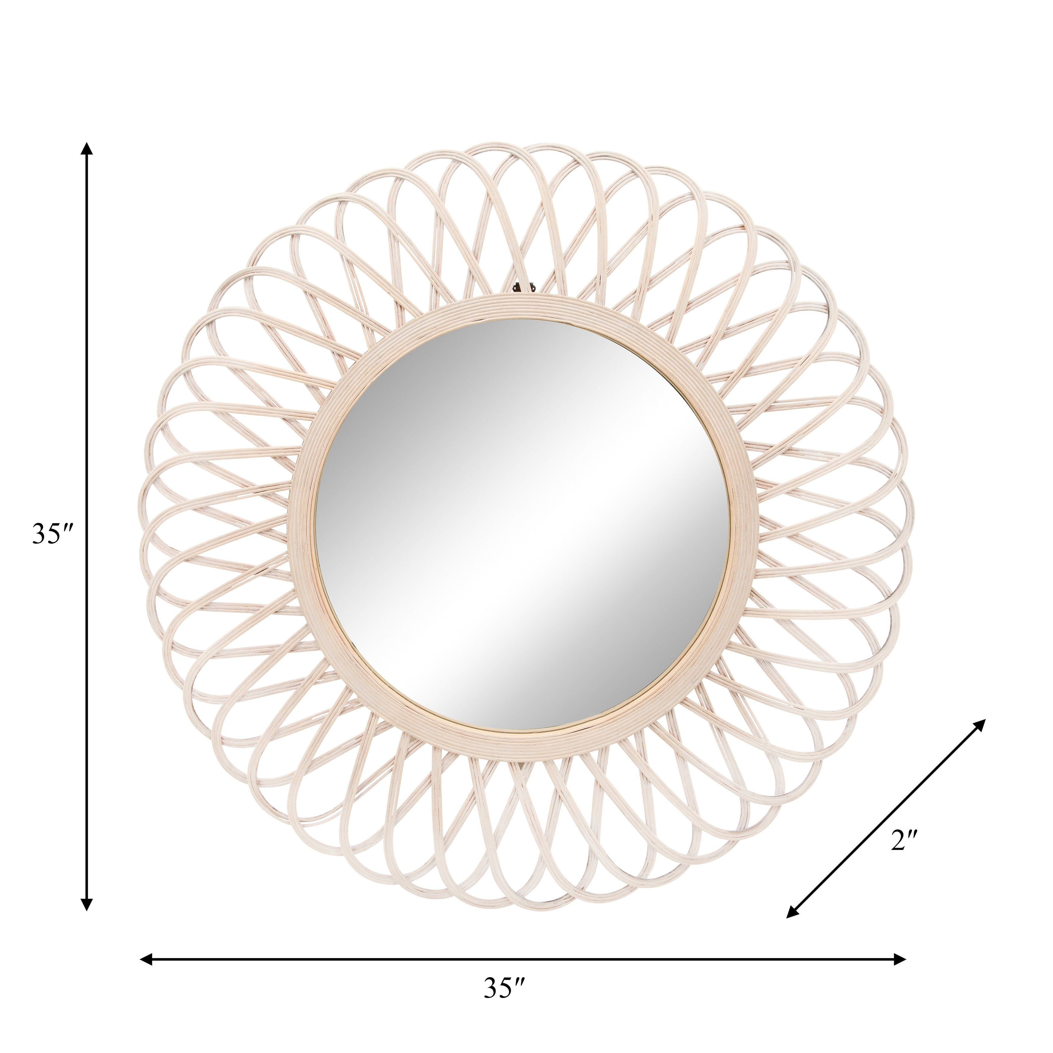 Sagebrook Home 35 Diameter Daisy Mirror, Natural Color Wicker Decorative Accent Mirror, Hanging Round Mirror - 35 x 35 x 2