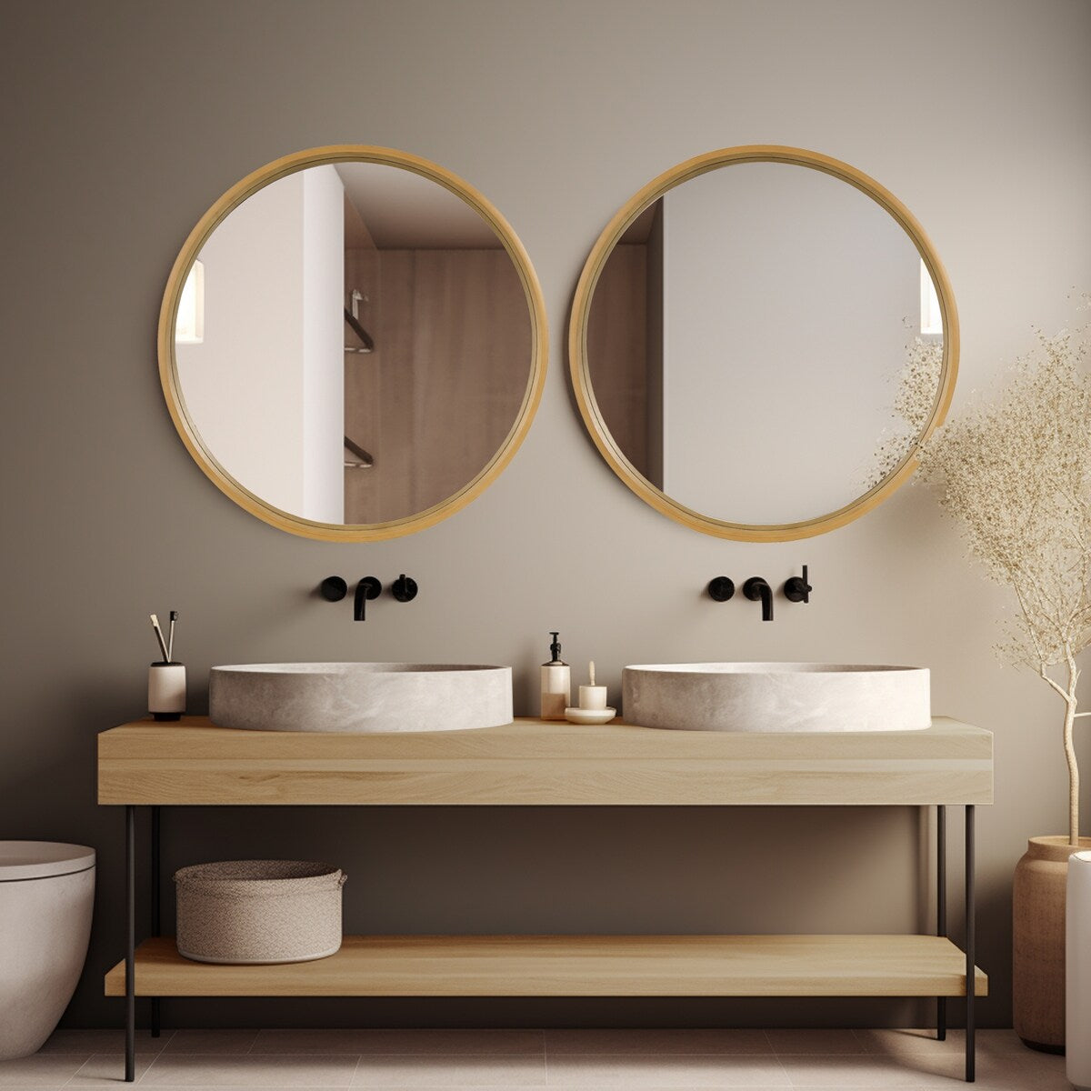 Classic Wooden Frame Farmhouse Round Wall Mirror