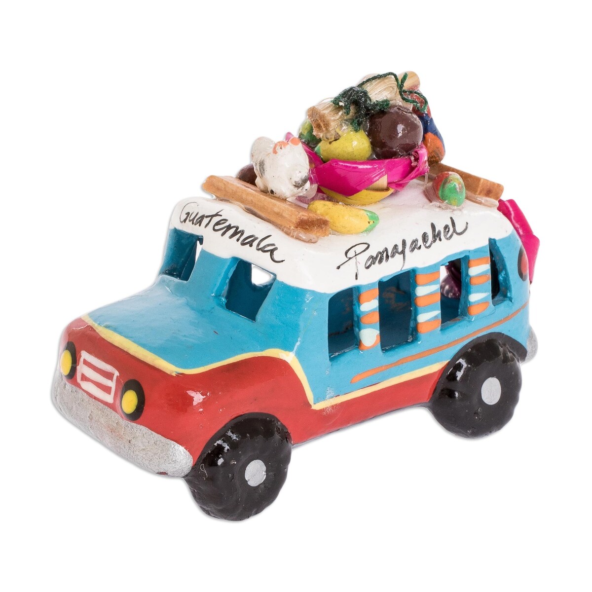 Novica Handmade Blue And Red Old Time Bus Mini Ceramic Sculpture