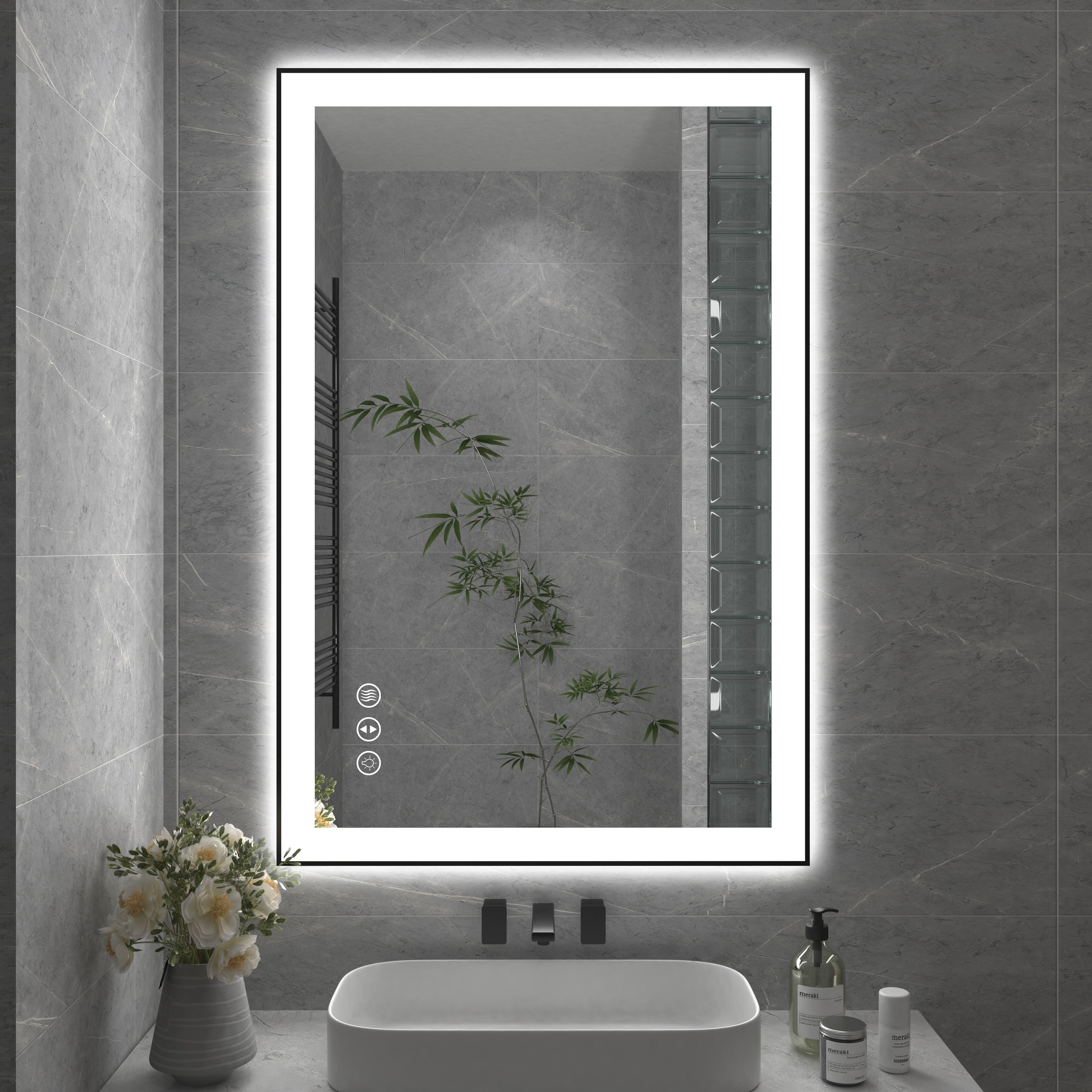 Rectangular Aluminum Framed Backlit and Front Light LED Wall Bathroom Vanity Mirror in Black - N/A