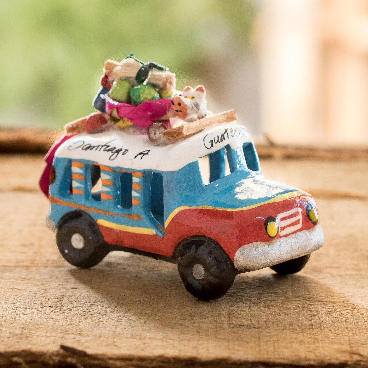 Novica Handmade Blue And Red Old Time Bus Mini Ceramic Sculpture