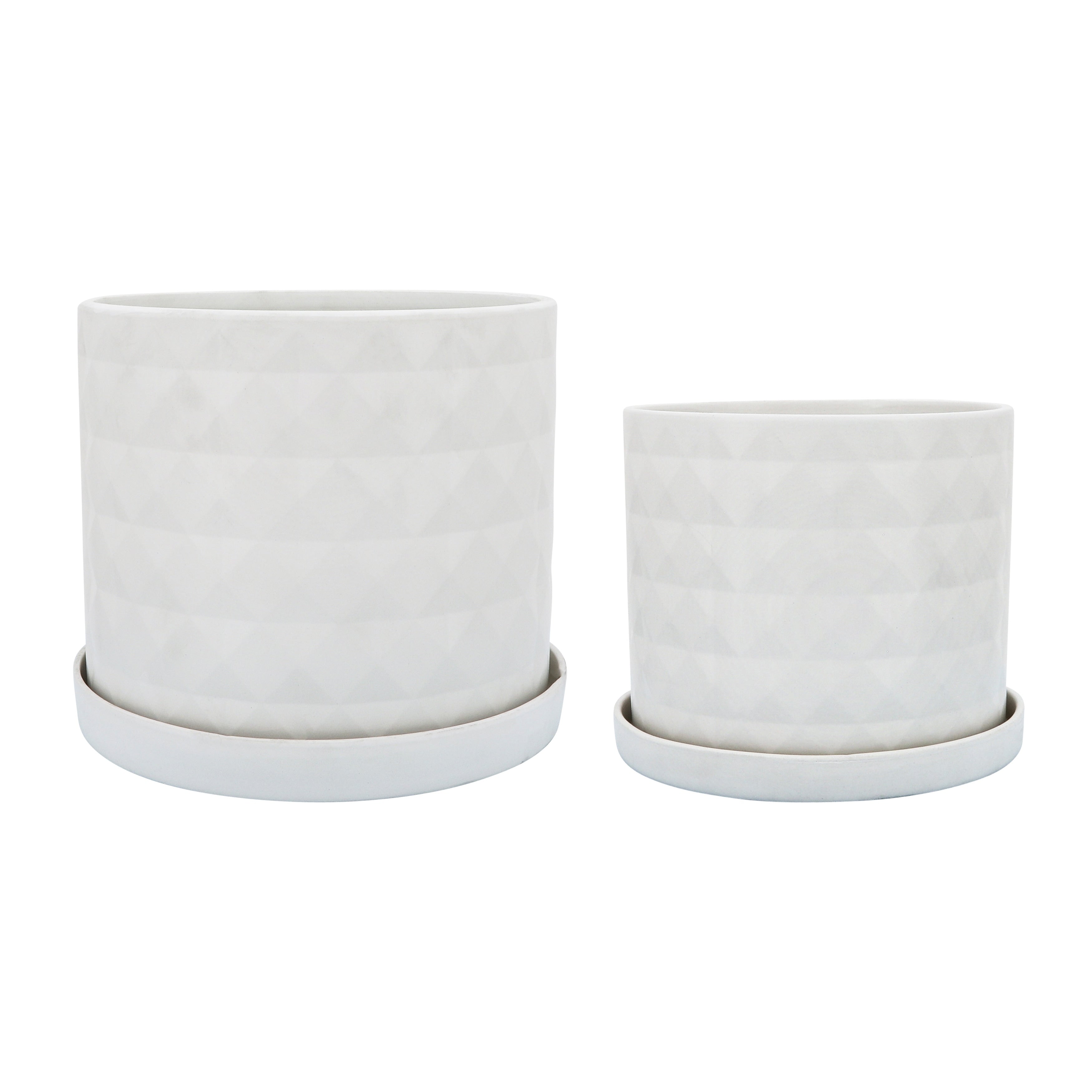 Sagebrook Home Neutral Modern Set of 2 Ceramic Planters with Saucers