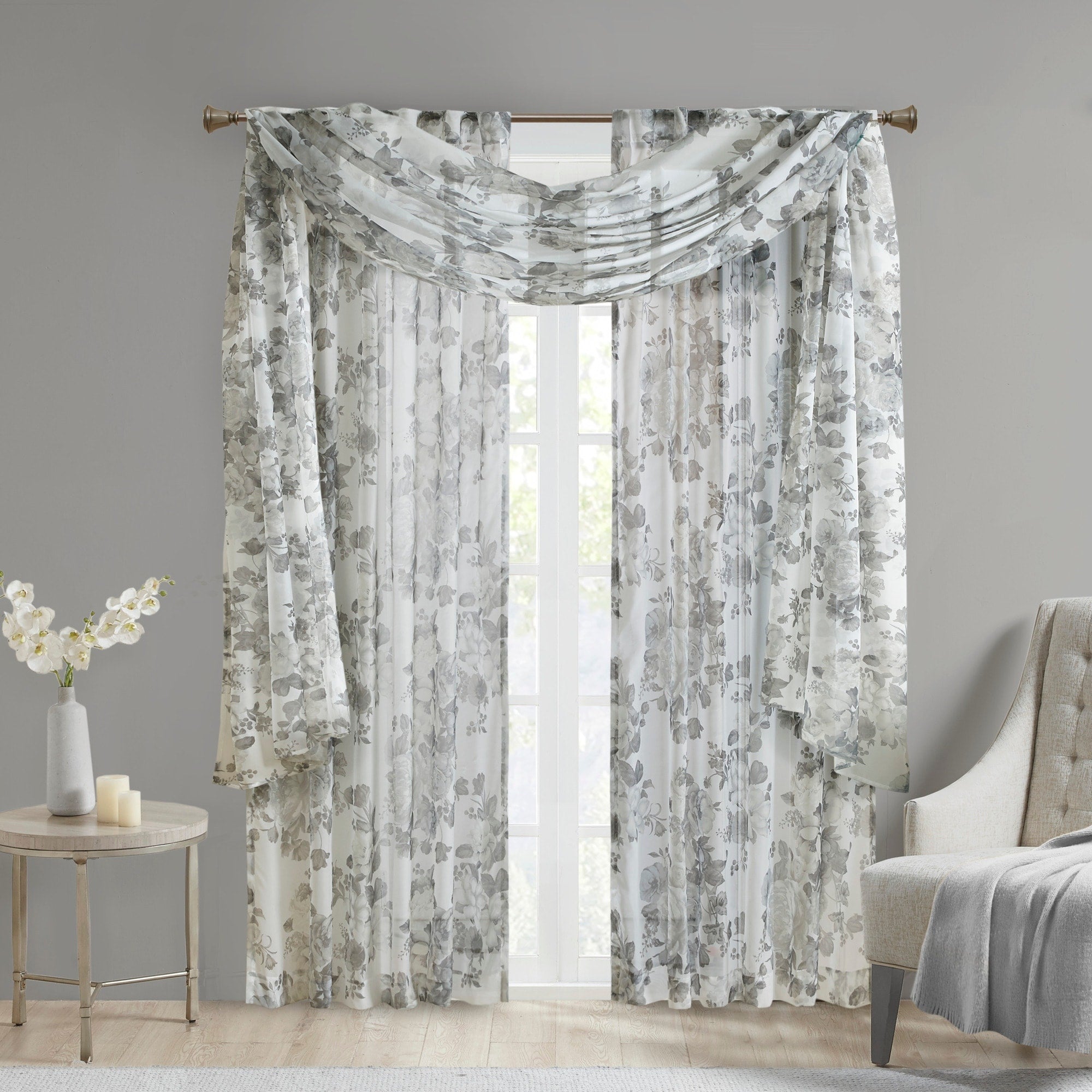 Madison Park Abelia Printed Floral Rod Pocket and Back Tab Voile Sheer Curtain