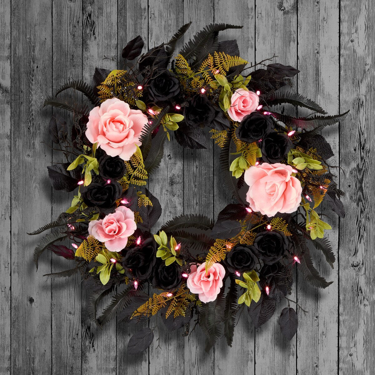 National Tree Company 24 Artificial Cute and Creep Halloween Wreath, 40 Pink LED Lights, Battery Operated