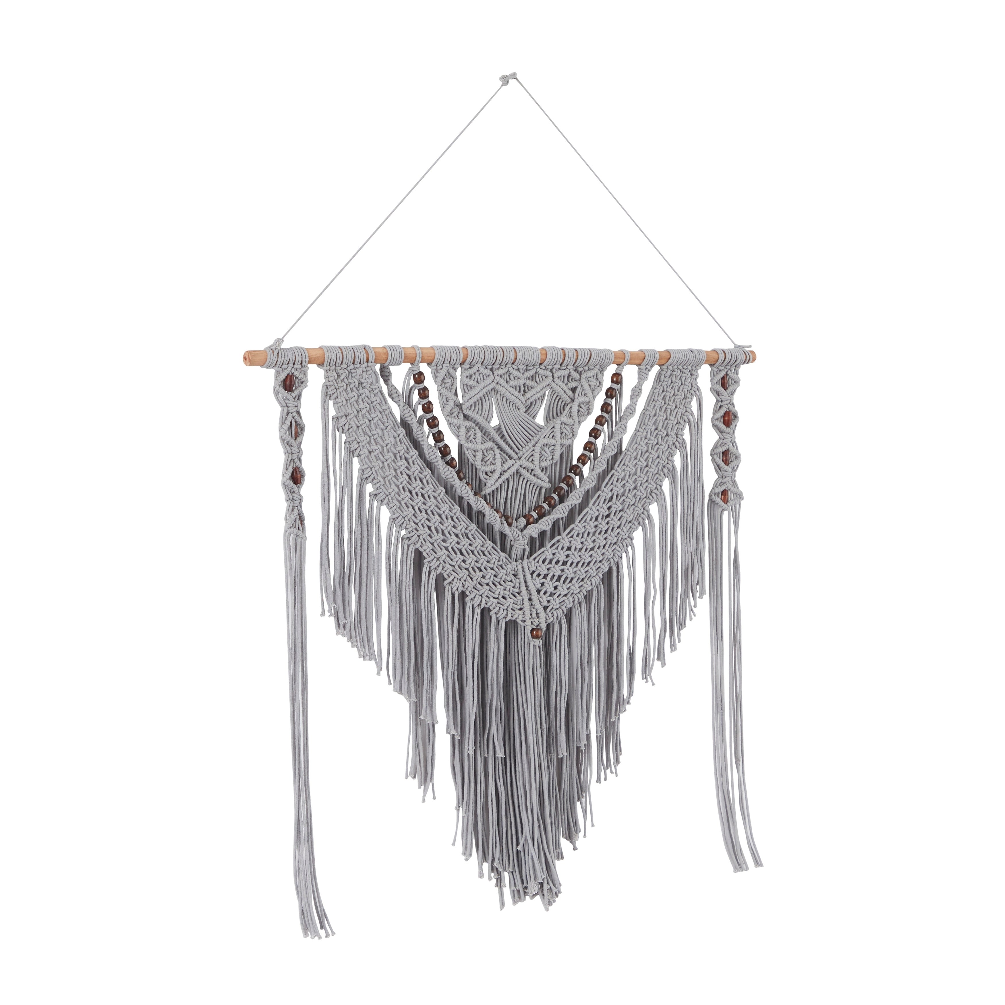 Cotton Handmade Intricately Weaved Macrame Wall Decor with Beaded Fringe Tassels - Gray or Cream