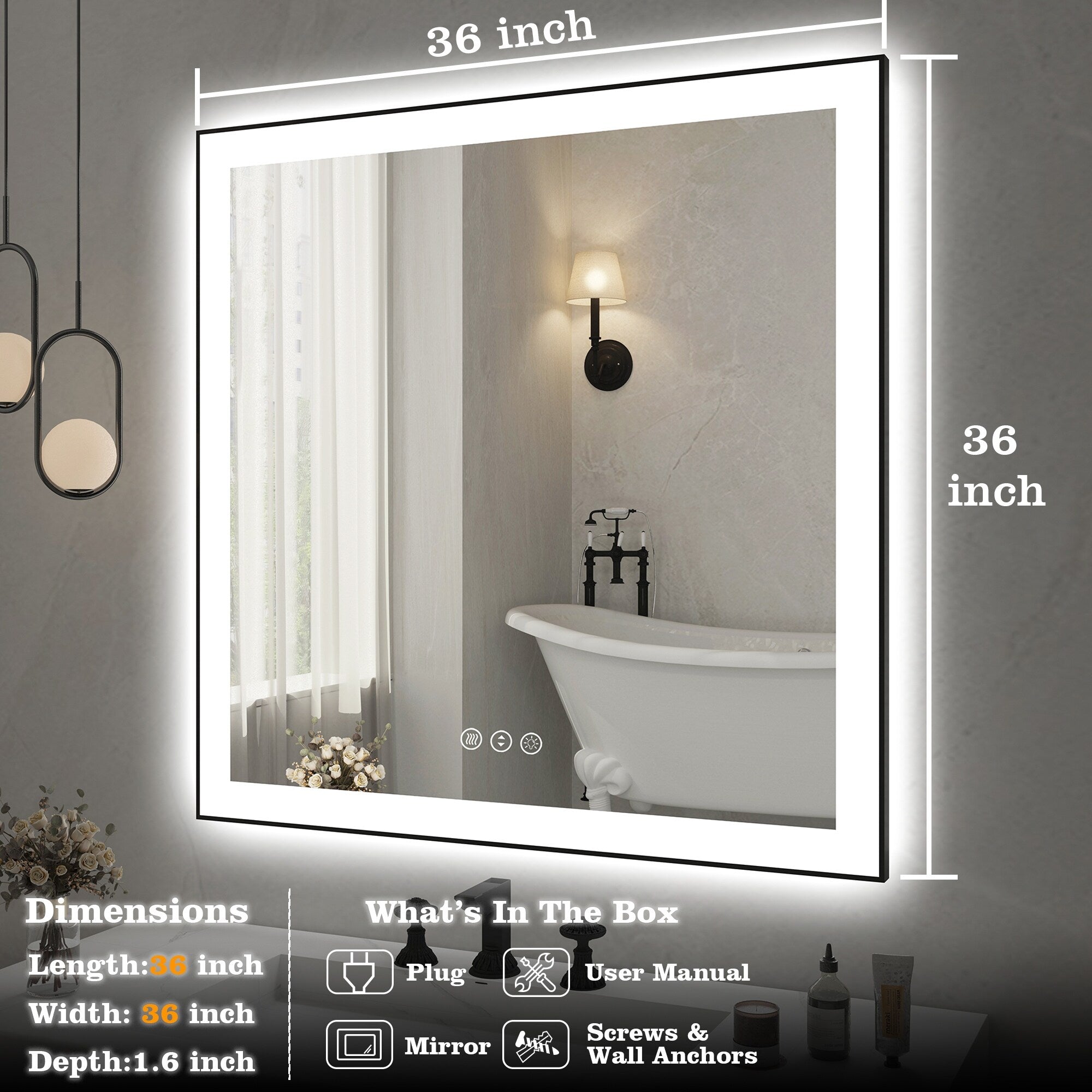 Rectangular Aluminum Framed Backlit and Front Light LED Wall Bathroom Vanity Mirror in Black - N/A