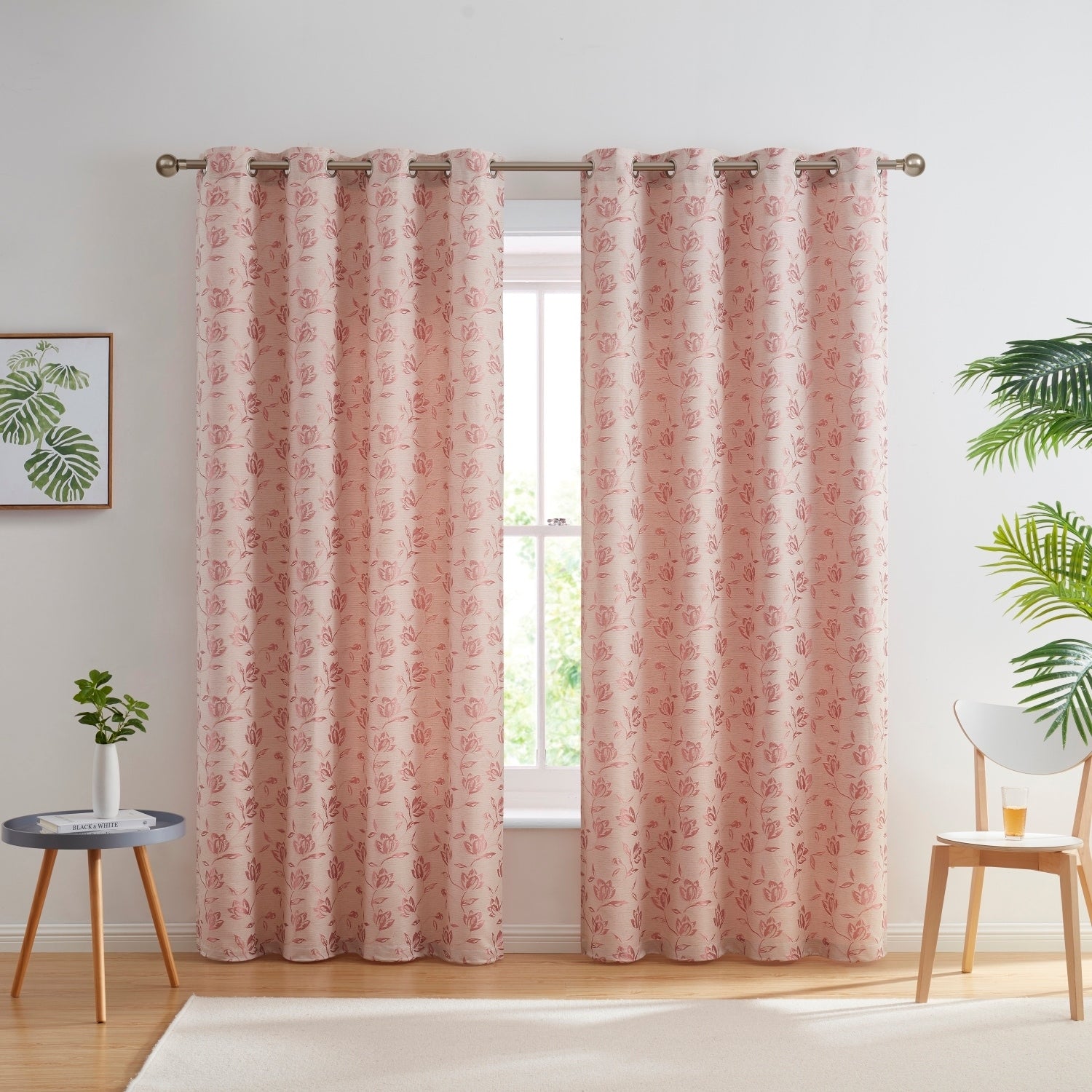 HLC.me Zoey Burlap Flax Linen Floral Jacquard Light Filtering Transparent WindowGrommet Curtain Panels, 2 Panels