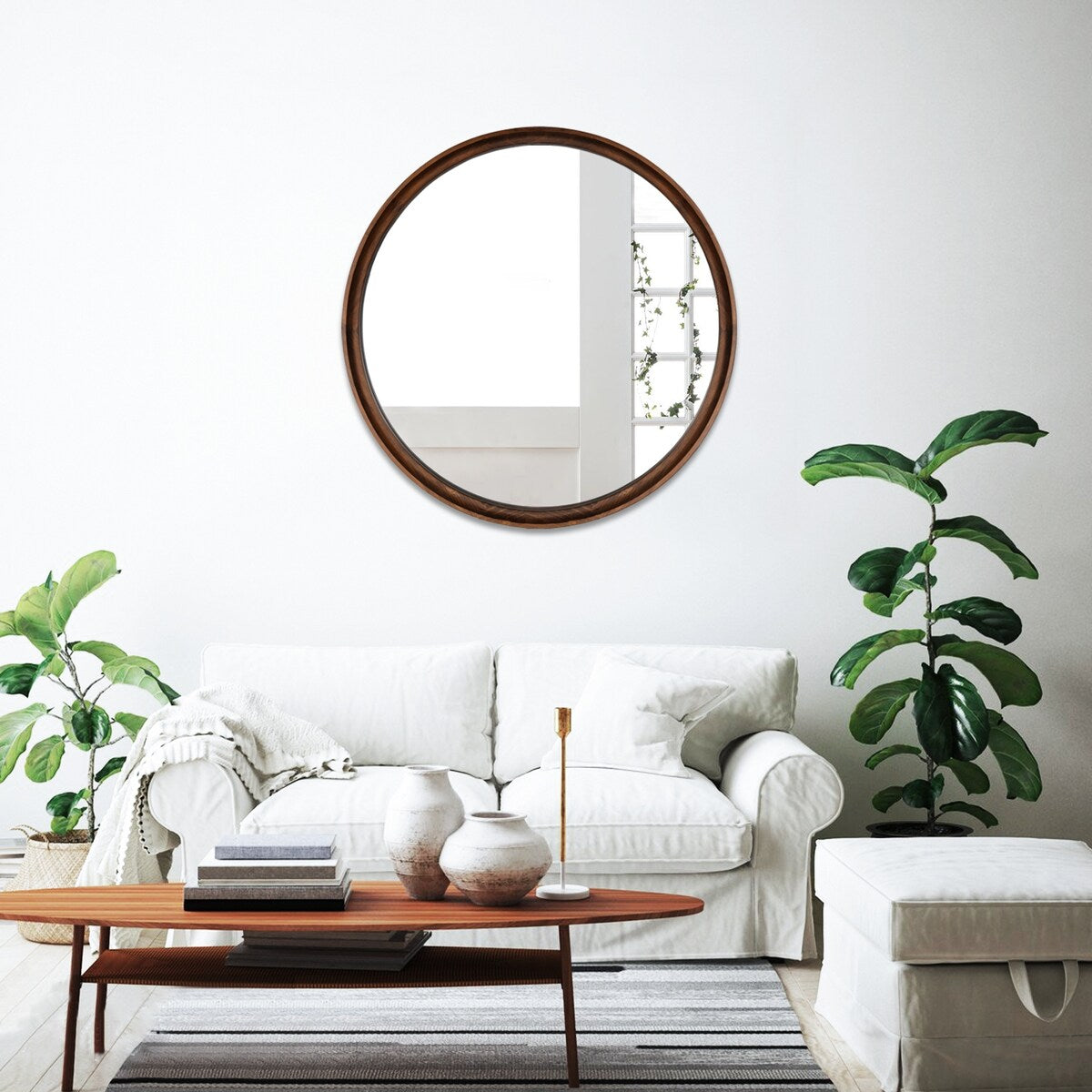 Classic Wooden Frame Farmhouse Round Wall Mirror