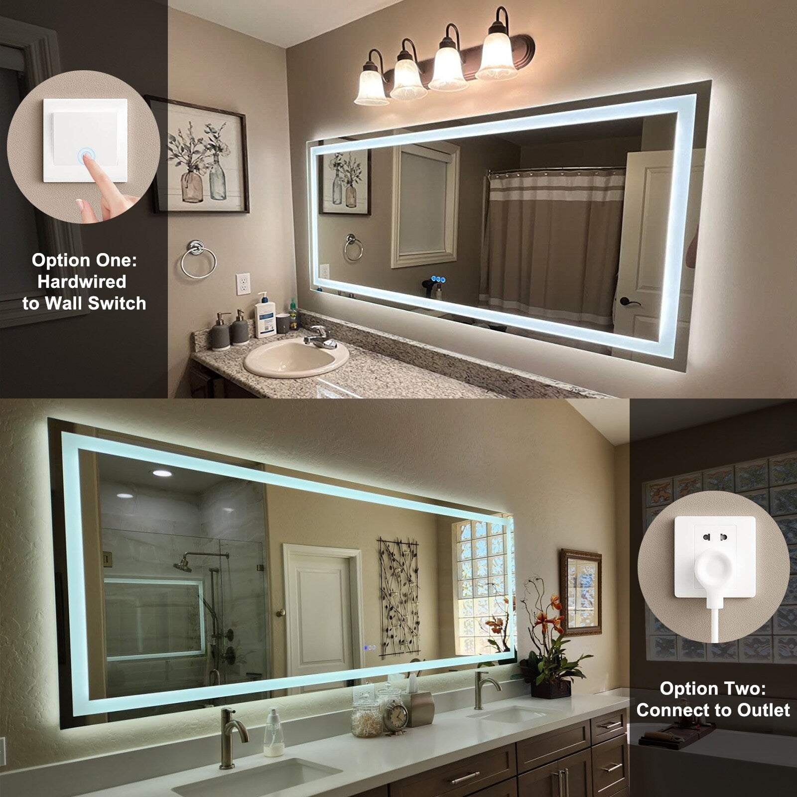 KIOTEE LED Mirror Lights Anti-Fog Frameless Bathroom Vanity Mirror in Tempered Glass