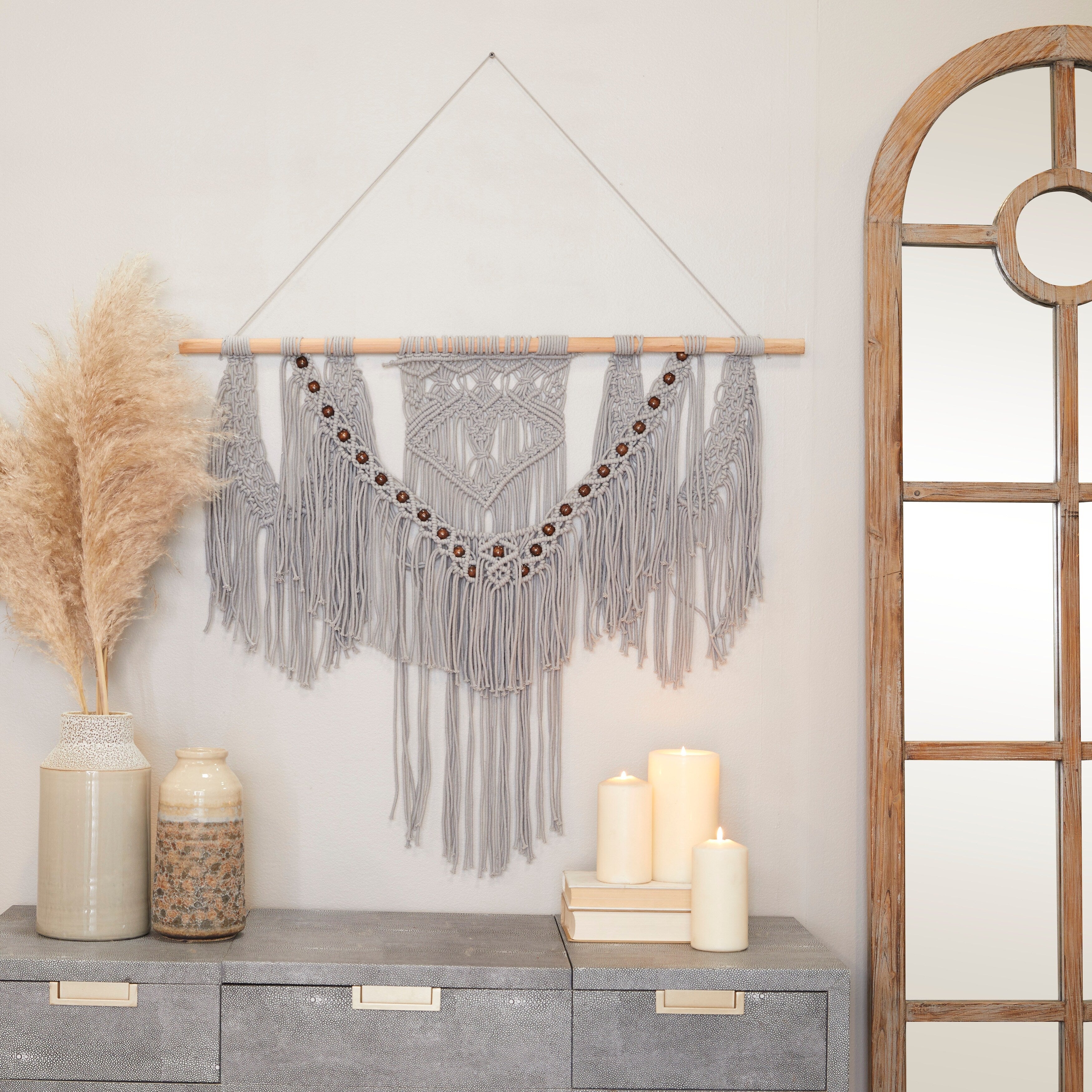 Cotton Handmade Intricately Weaved Macrame Wall Decor with Beaded Fringe Tassels - Gray or Cream