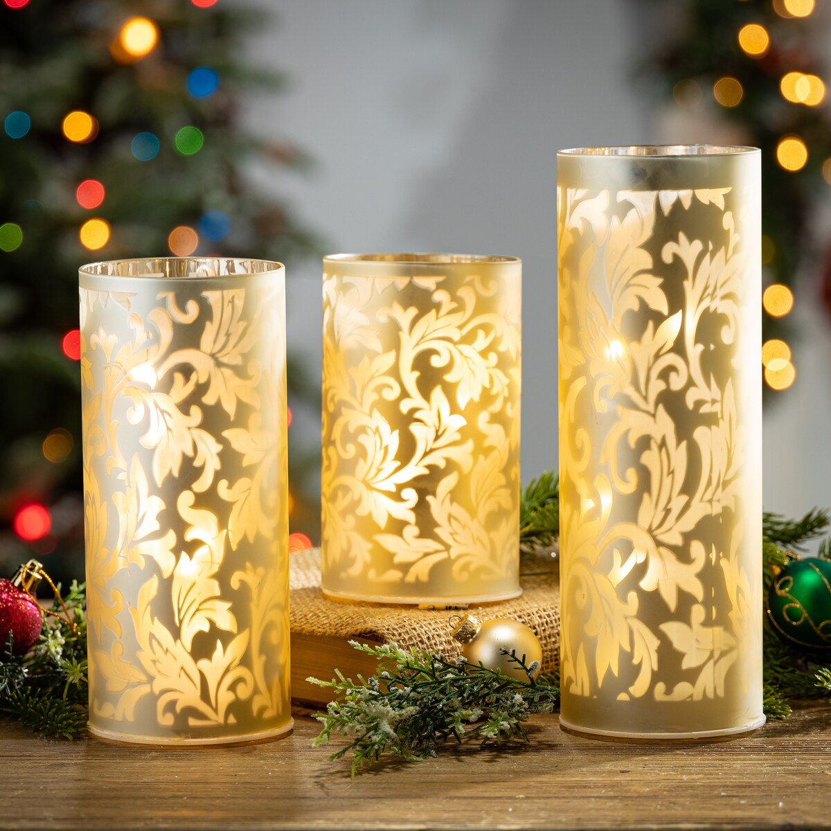 Illuminated Champagne Colored Glass Luminary Set of 3