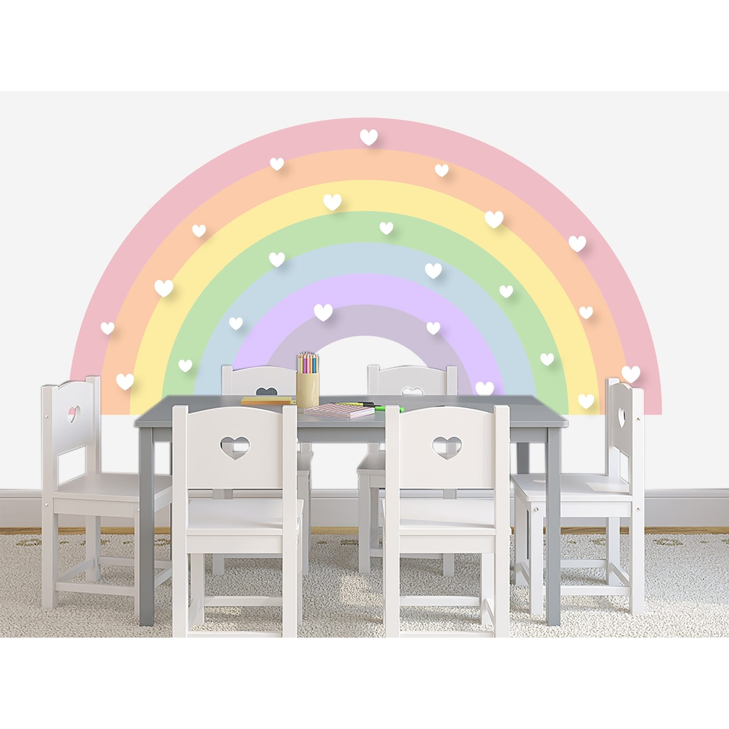 Large Pastel Rainbow with Hearts Wall Decal.