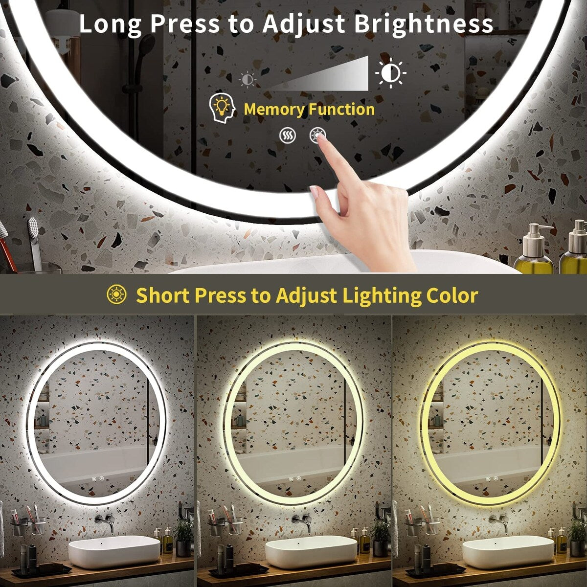 LED Lighted Dimmable Anti Fog Frameless Rounded Vanity Mirror