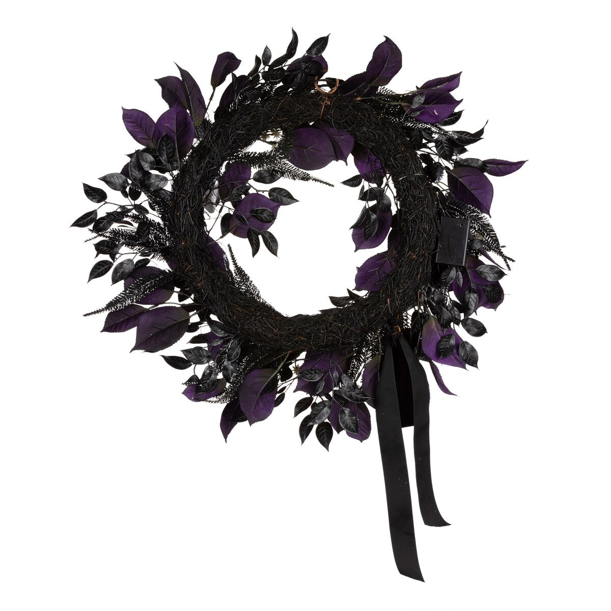 National Tree Company 26 Artificial Floral Mini Skull Wreath, 30 Purple LED Lights, Battery Operated