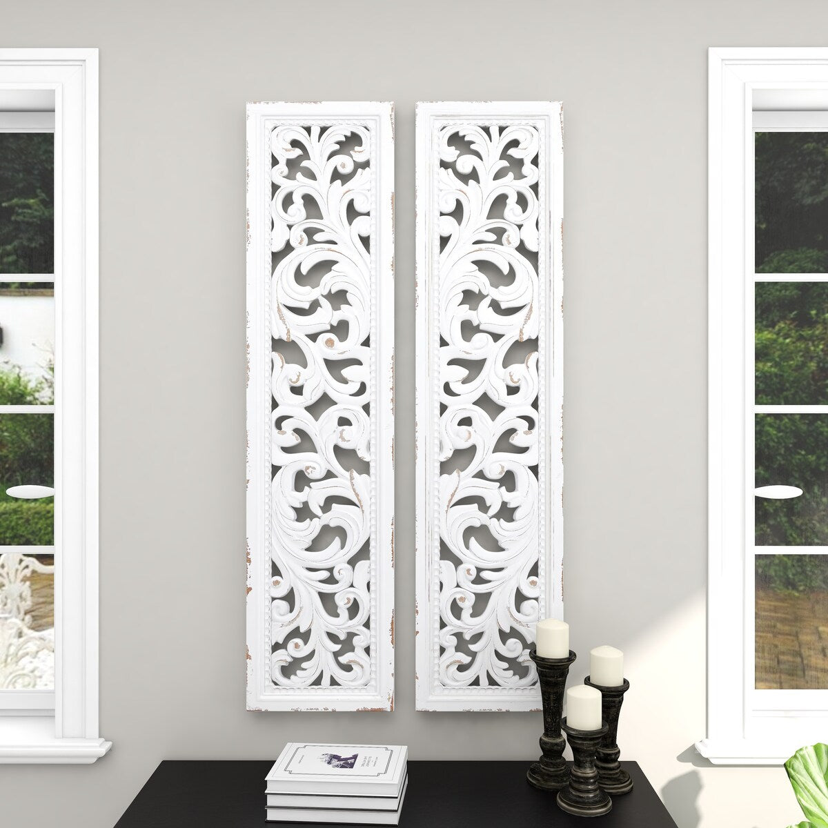 Wood Scroll Handmade Slim Distressed Carved Panel Home Wall Decor - Set of 2 White - Roche River Decor