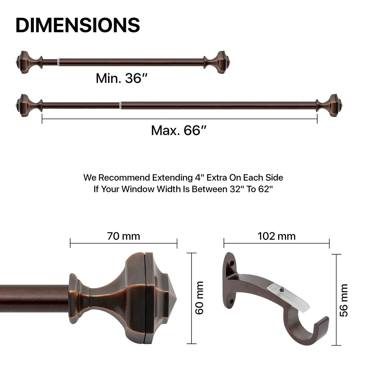 Deco window 3/4 Inch Adjustable Antique Copper Curtain Rod for Windows & Door with Hexagon Finials & Brackets Set