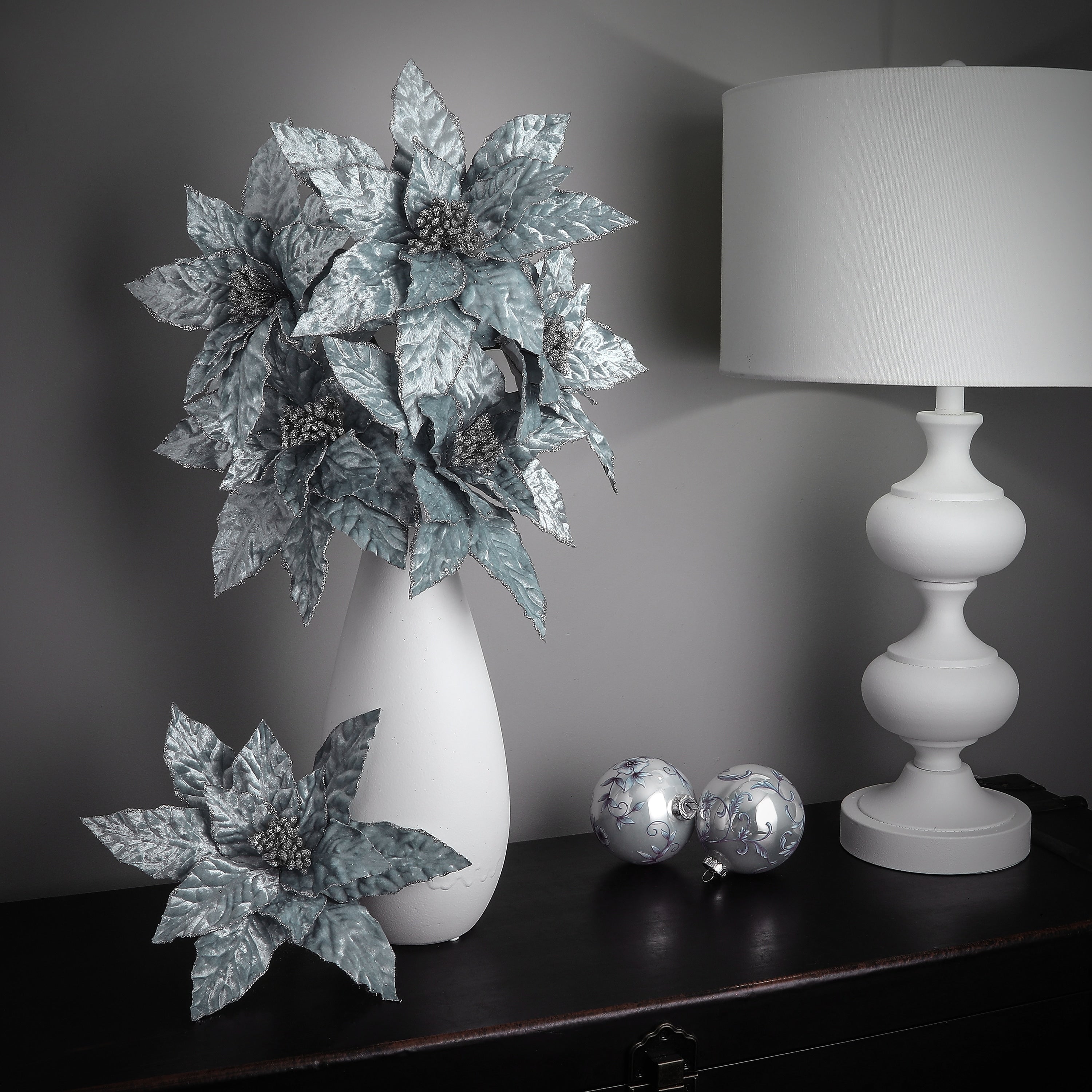 24 Glitter Edge Velvet Poinsettia Stem - Blue - 24