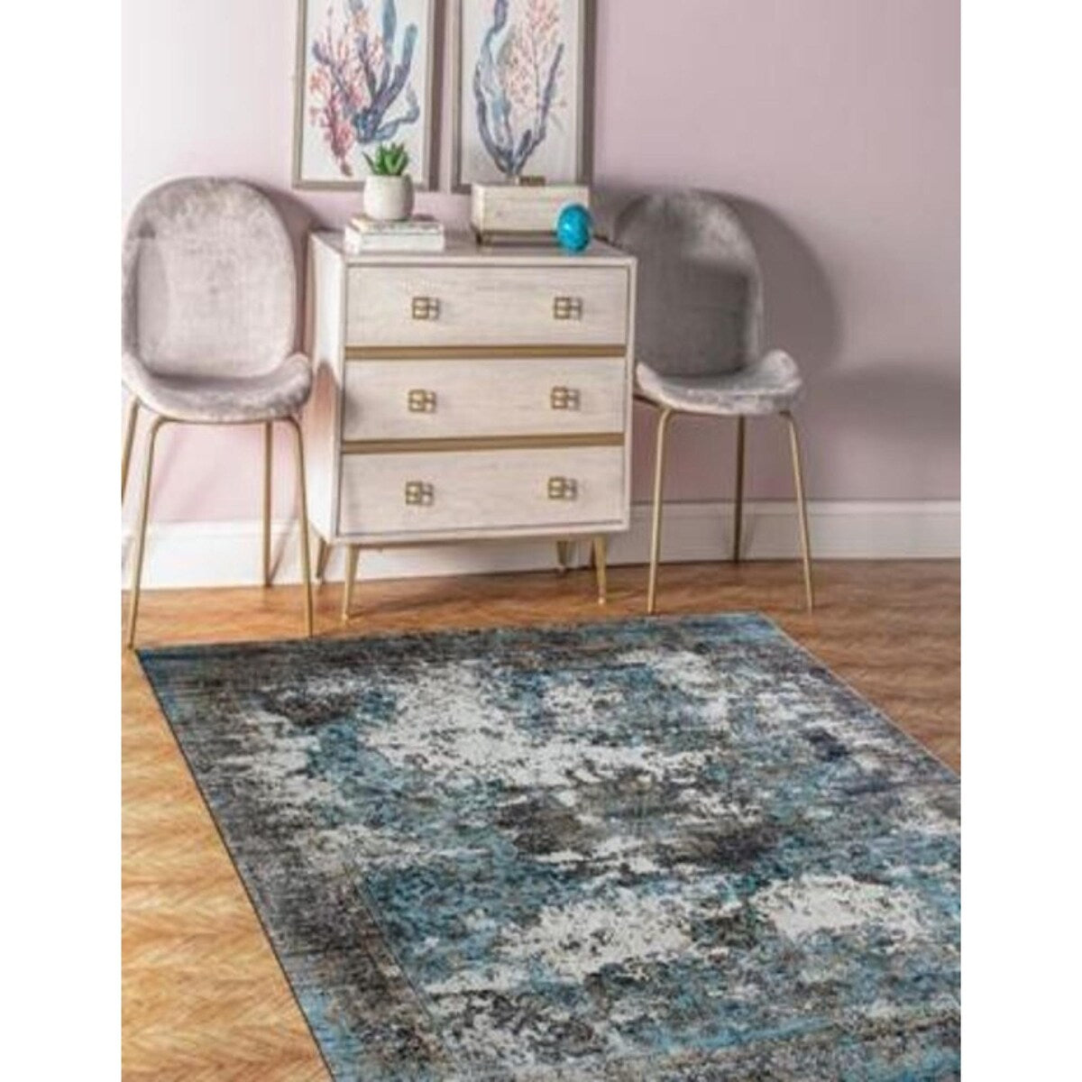 Dark Grey And Teal Abstract Hand Loomed Area Rug - 3'6