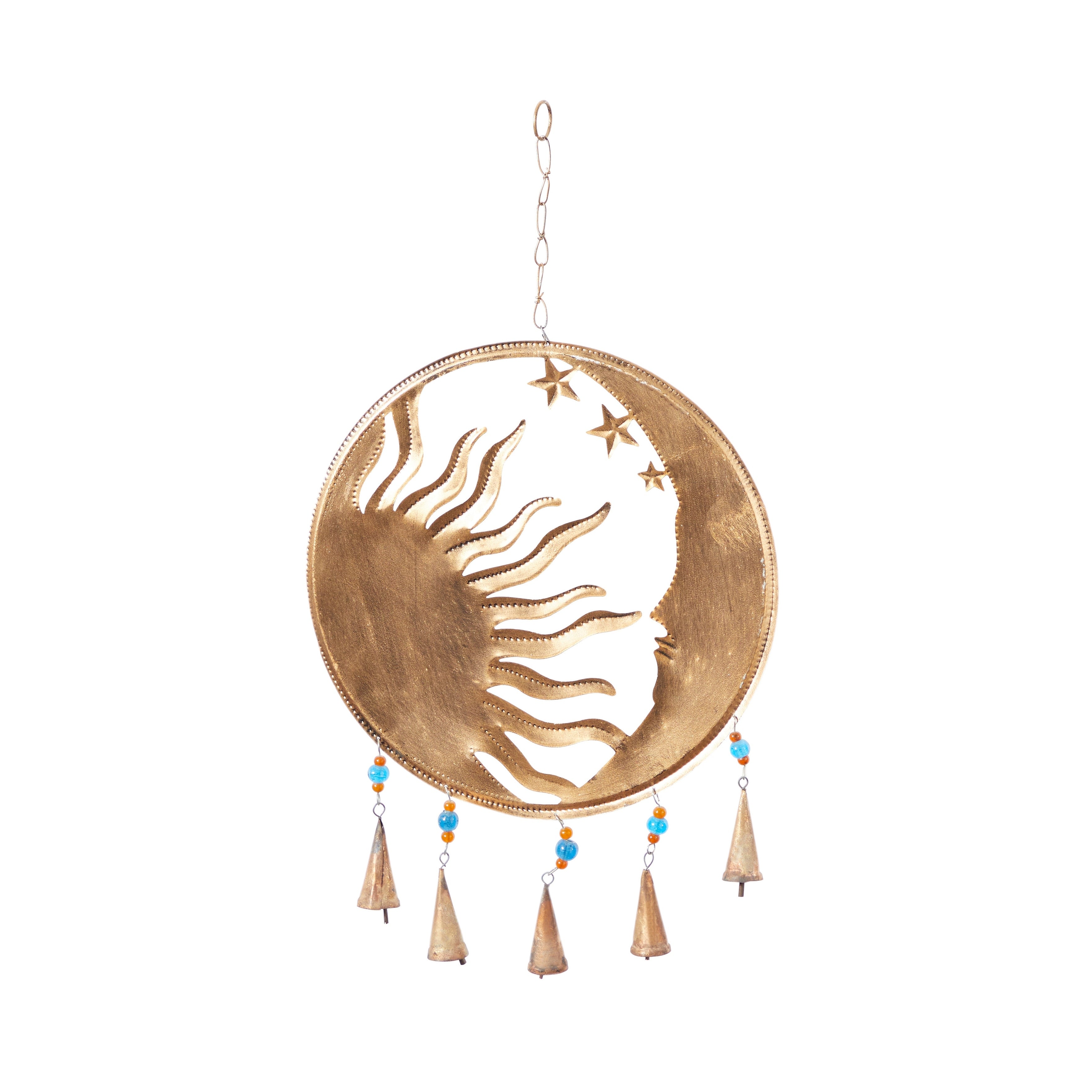 Gold Metal Moon and Sun Windchime with Glass Beads and Cone Bells - 15 x 1 x 19