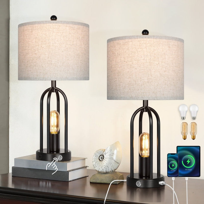 22 inch Black Table Lamp with Fabric Lampshade and Dimming Bulb (Set of 2）