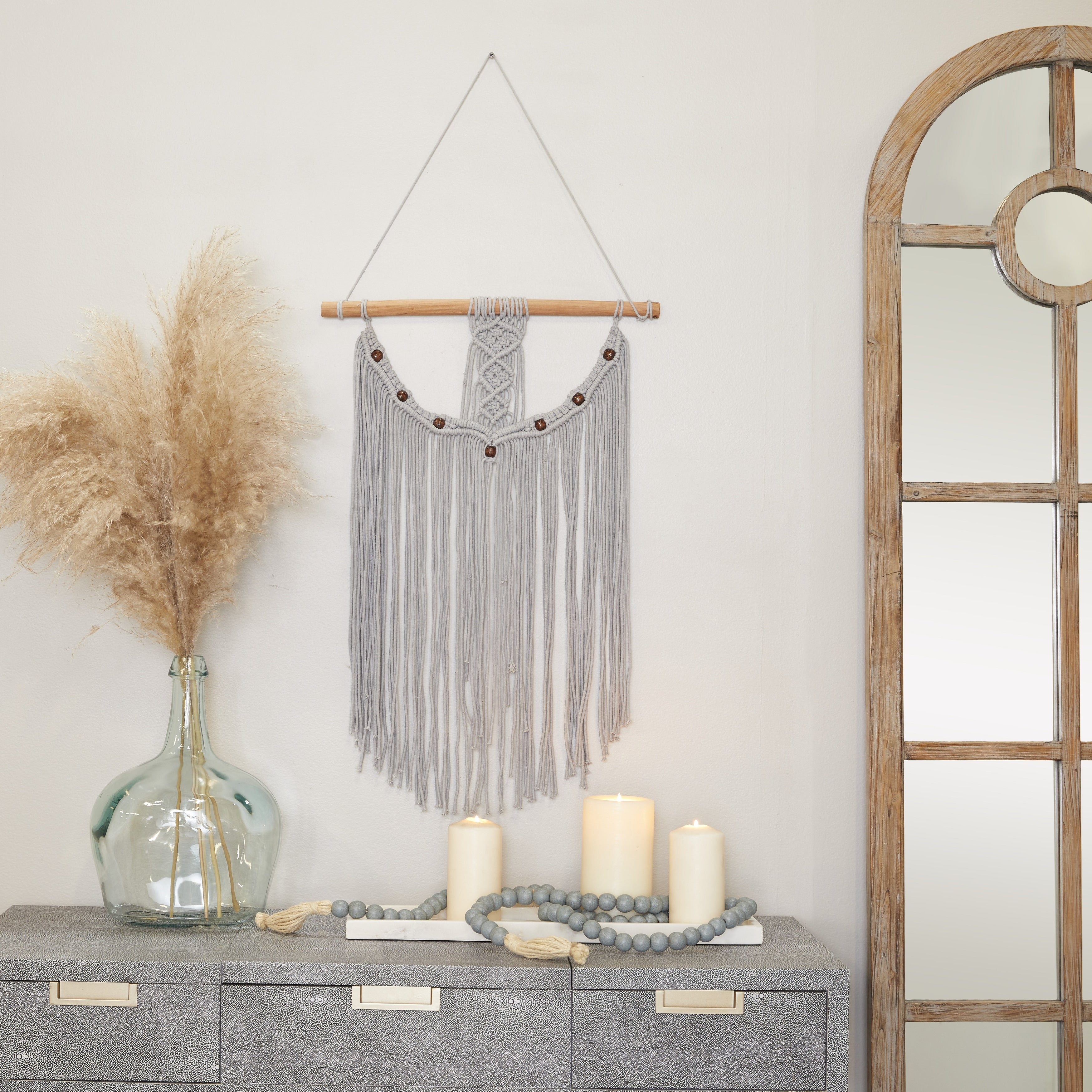 Cotton Handmade Intricately Weaved Macrame Wall Decor with Beaded Fringe Tassels - Gray or Cream