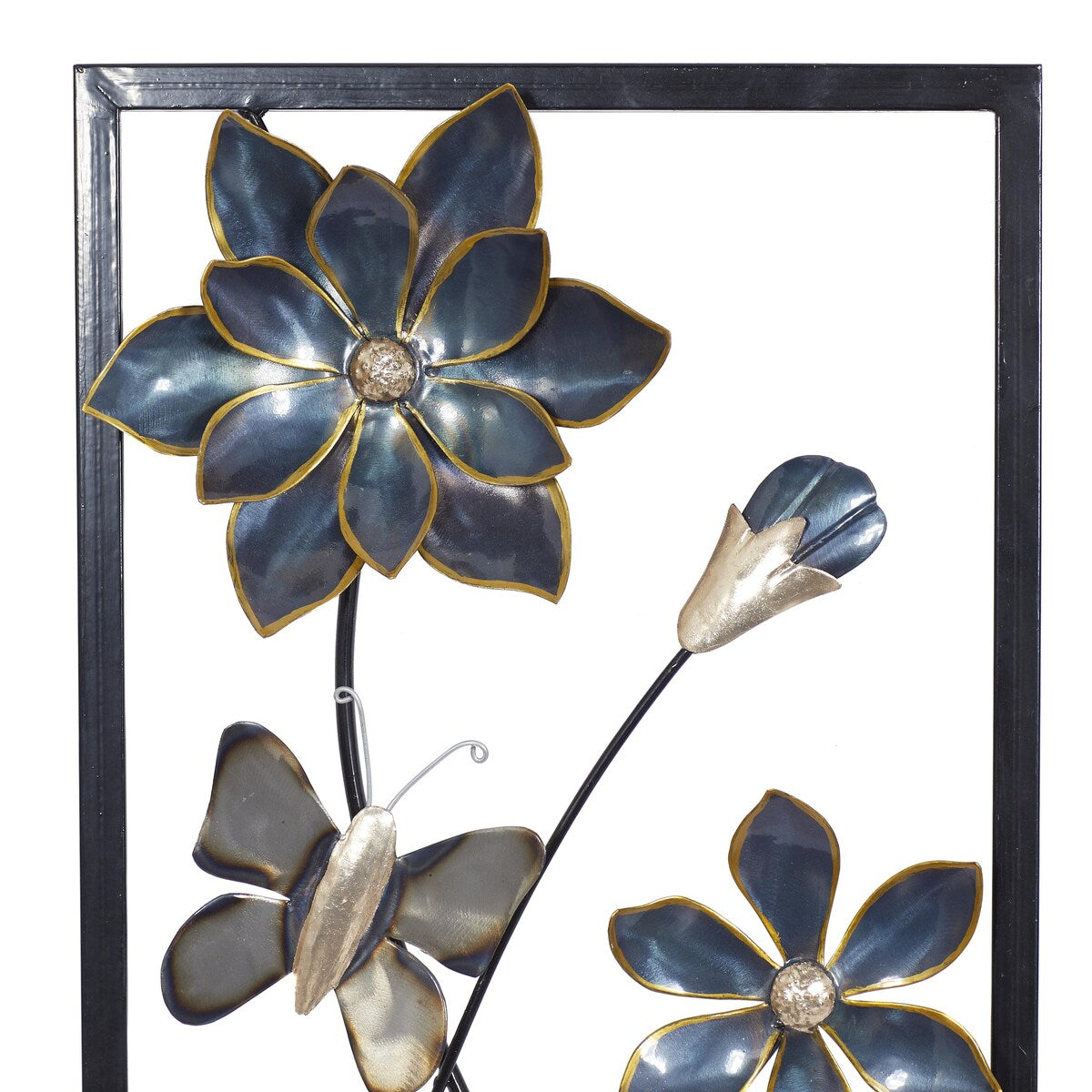 Metal Floral Home Wall Decor with Black Frames and Butterfly Accents - Set of 2 Teal - Roche River Decor