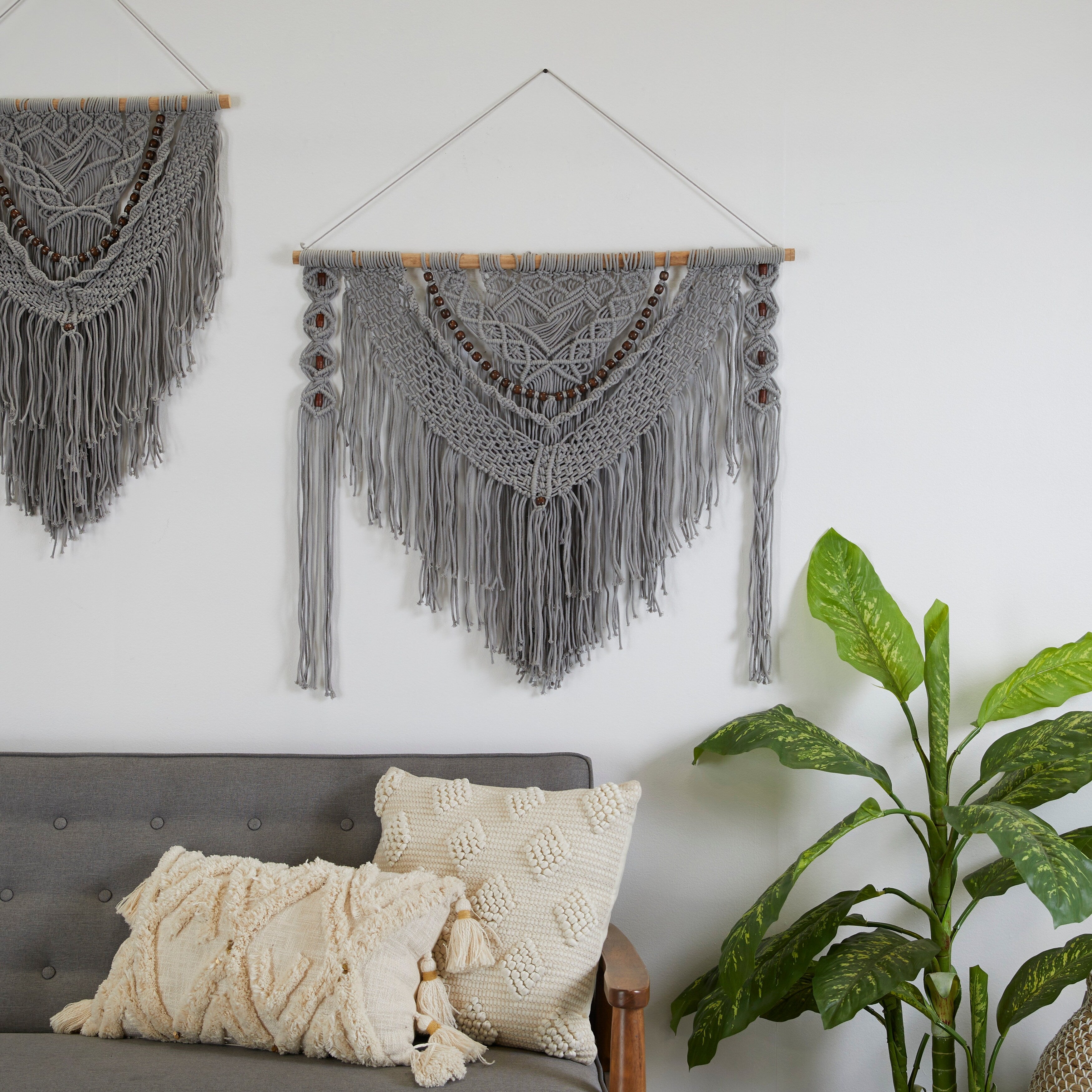 Cotton Handmade Intricately Weaved Macrame Wall Decor with Beaded Fringe Tassels - Gray or Cream