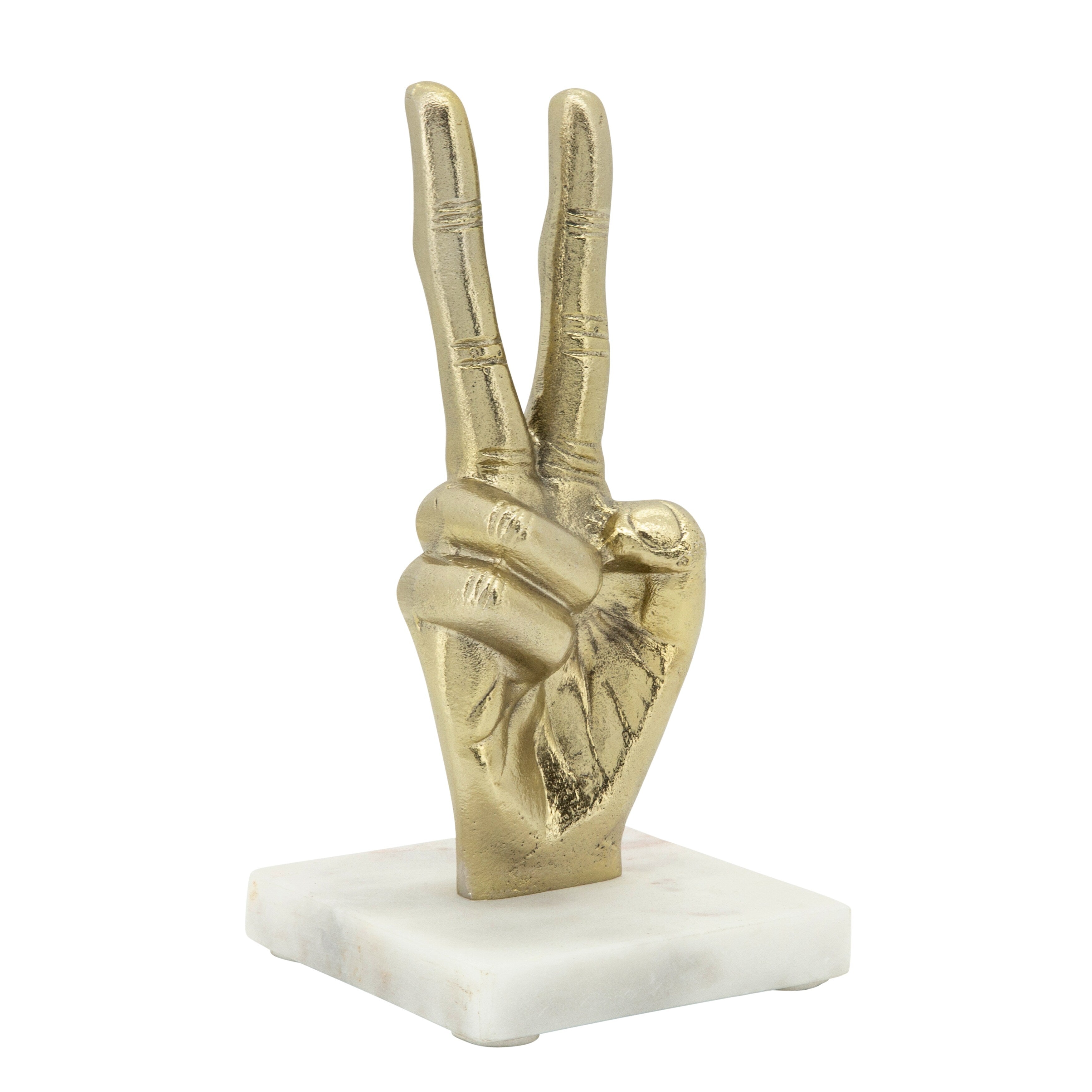 9 Metal Peace Sign Sculpture Hand Peace Sign Statue on White Marble Base Contemporary Decorative Table Accent - 4 x 4 x 8