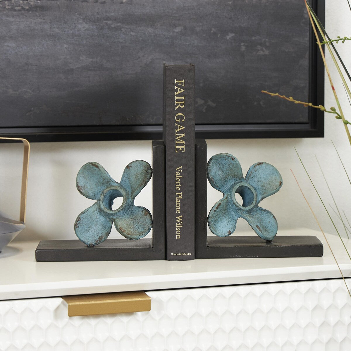 Metal Boat Distressed Propeller Decorative Bookends with Brown L-Shaped Stands - Set of 2 Teal - Roche River Decor