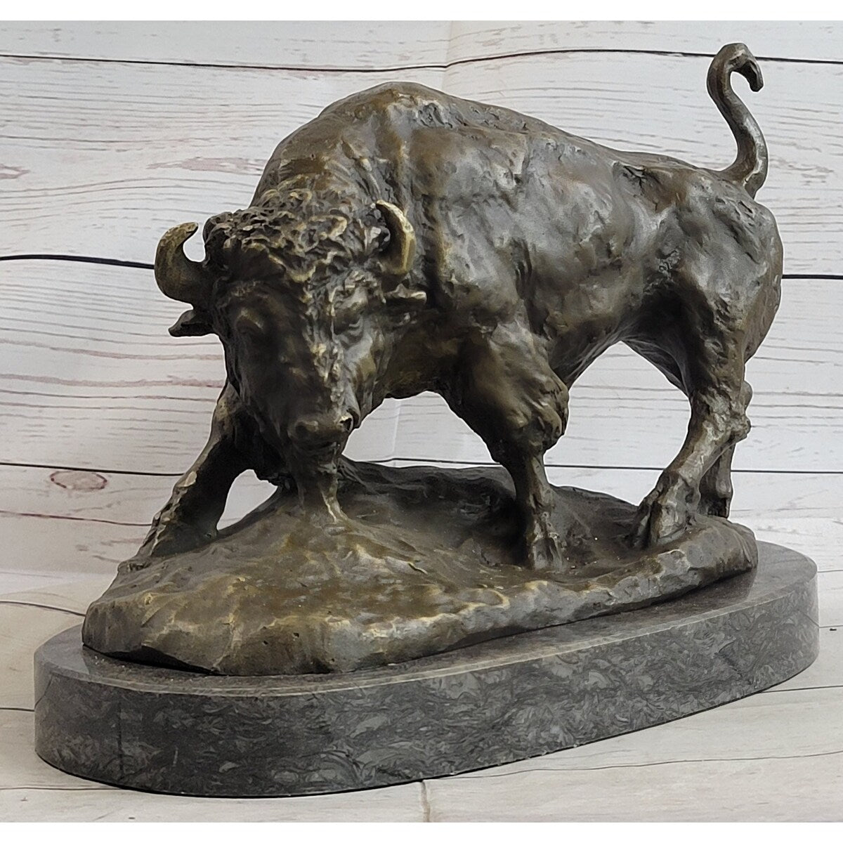 American Buffalo Bison Bull Bronze Sculpture By Barye On Marble Base Figure Art