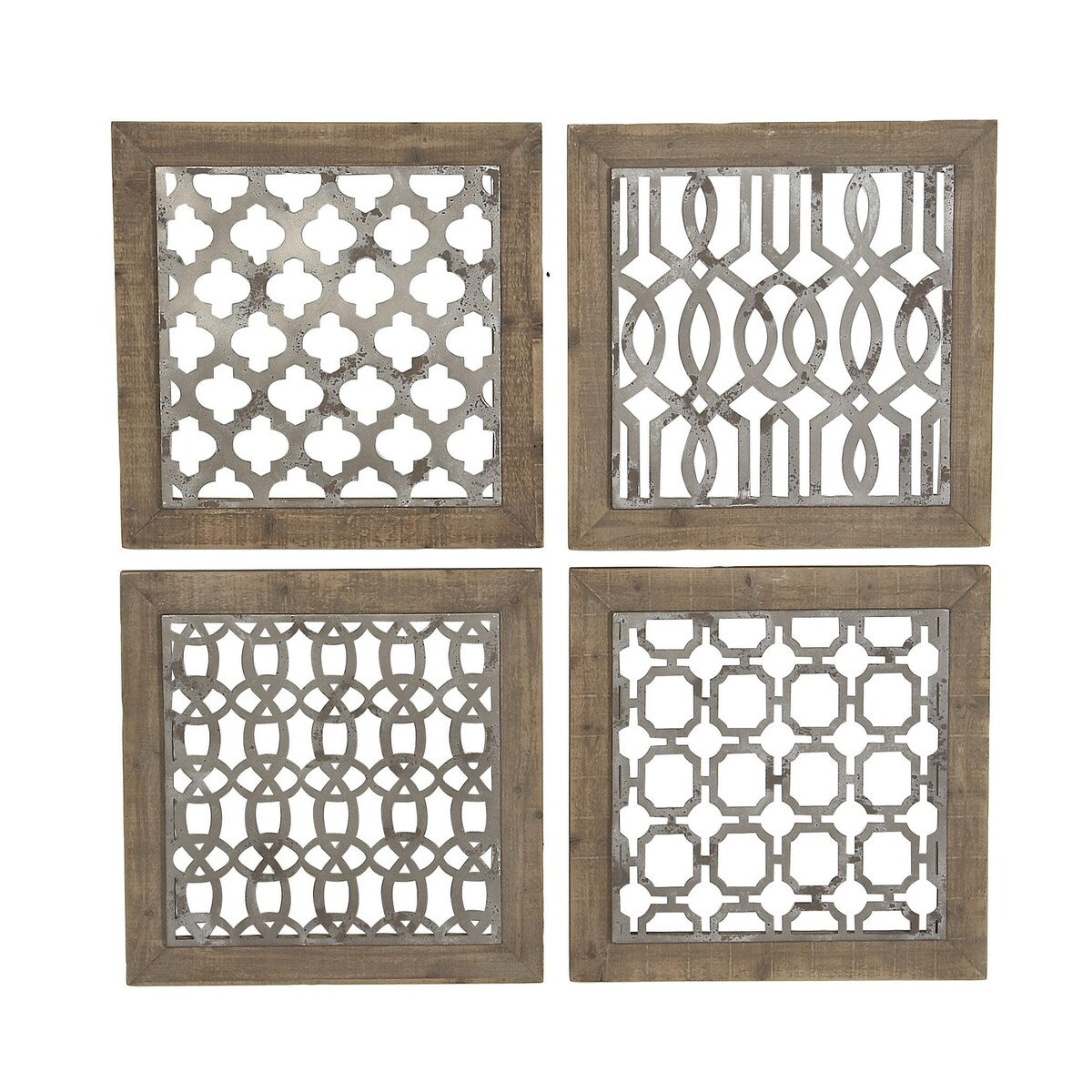 Wood Geometric Home Wall Decor with Silver Metal Trellis Cutouts - Set of 4 Brown - Roche River Decor