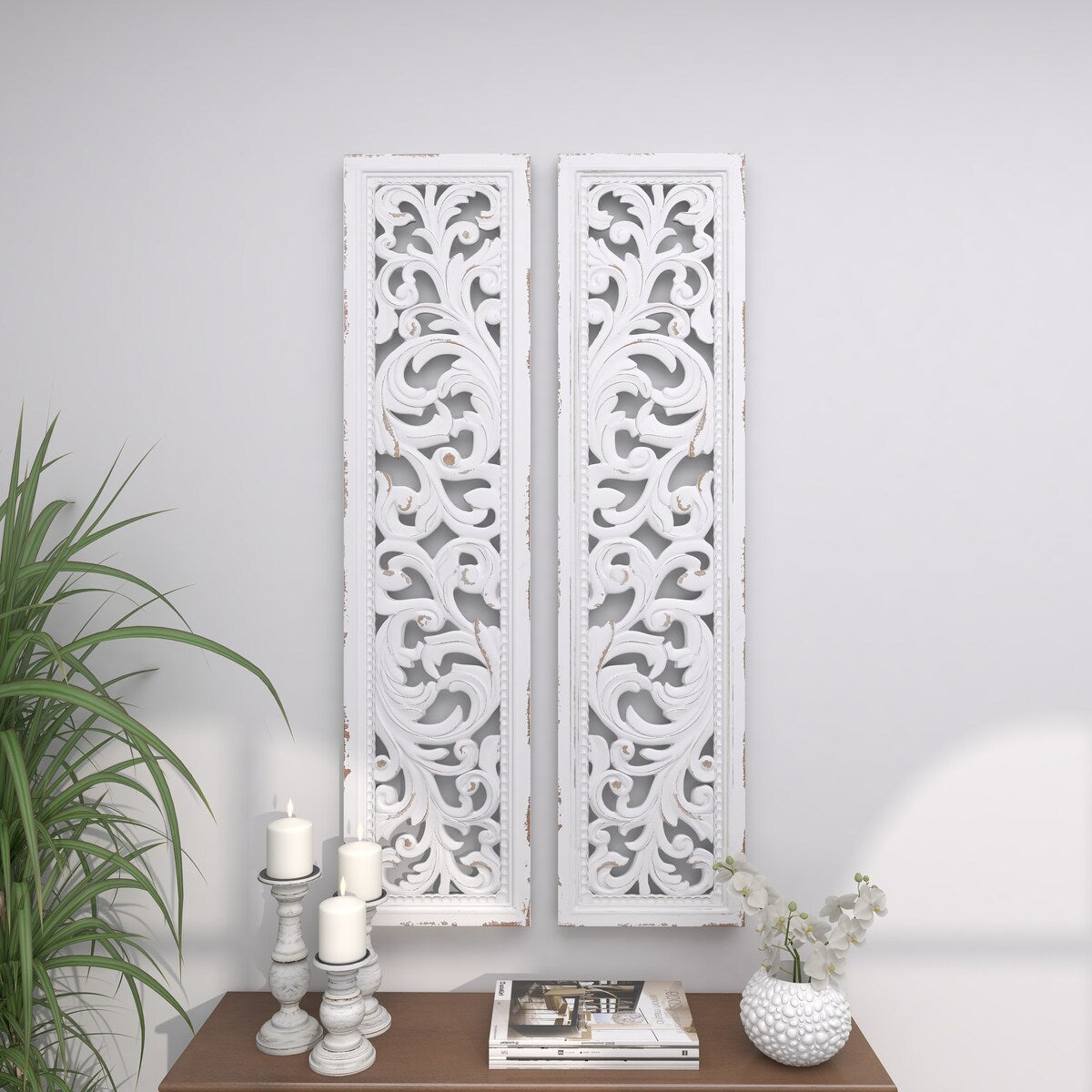 Wood Scroll Handmade Slim Distressed Carved Panel Home Wall Decor - Set of 2 White - Roche River Decor