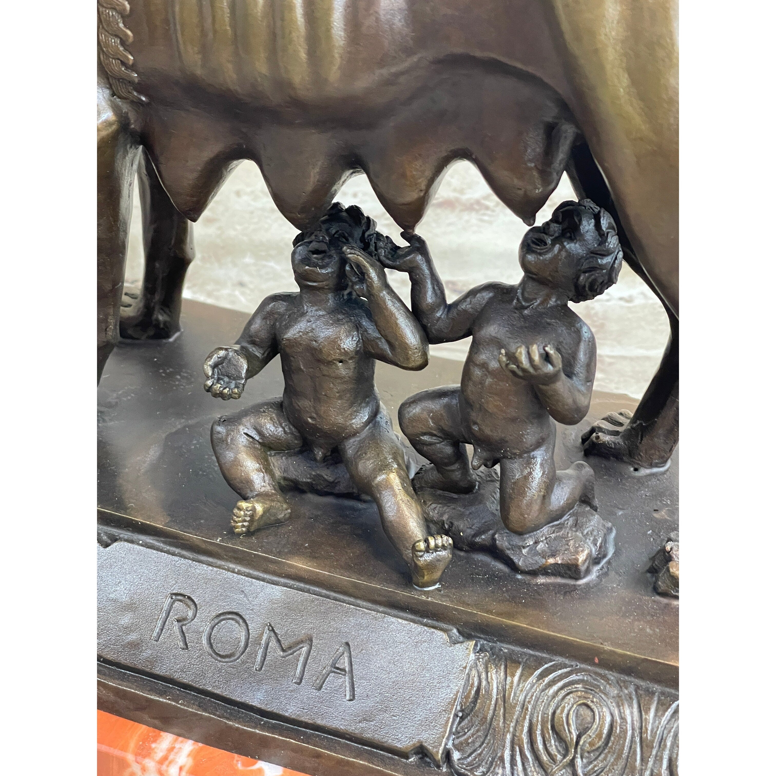 The Capitoline Wolf Romulus Remus Bronze Metal Statue Sculpture On Rose Marble Base 12 Inches X 15 Inches